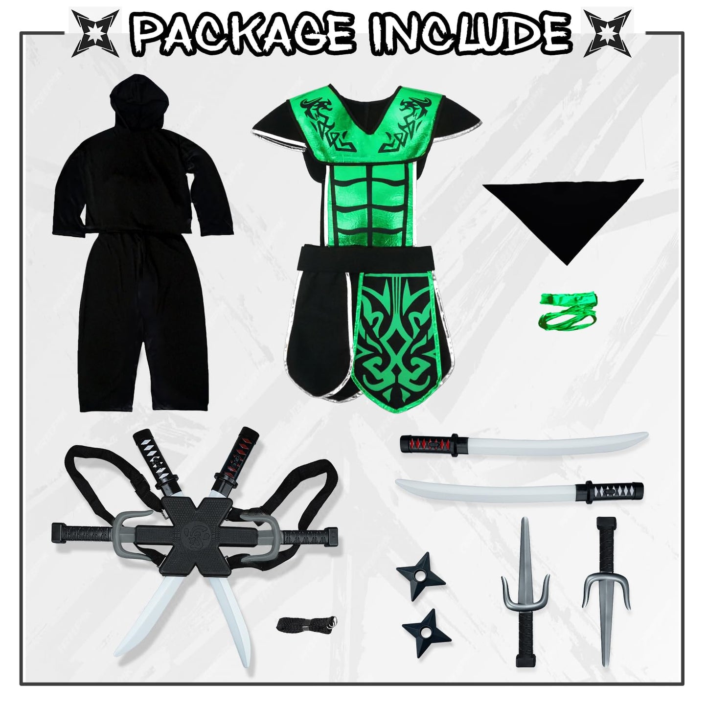Digi Kids Halloween Ninja Costume for Boys – Green Outfit with Props (4-12)