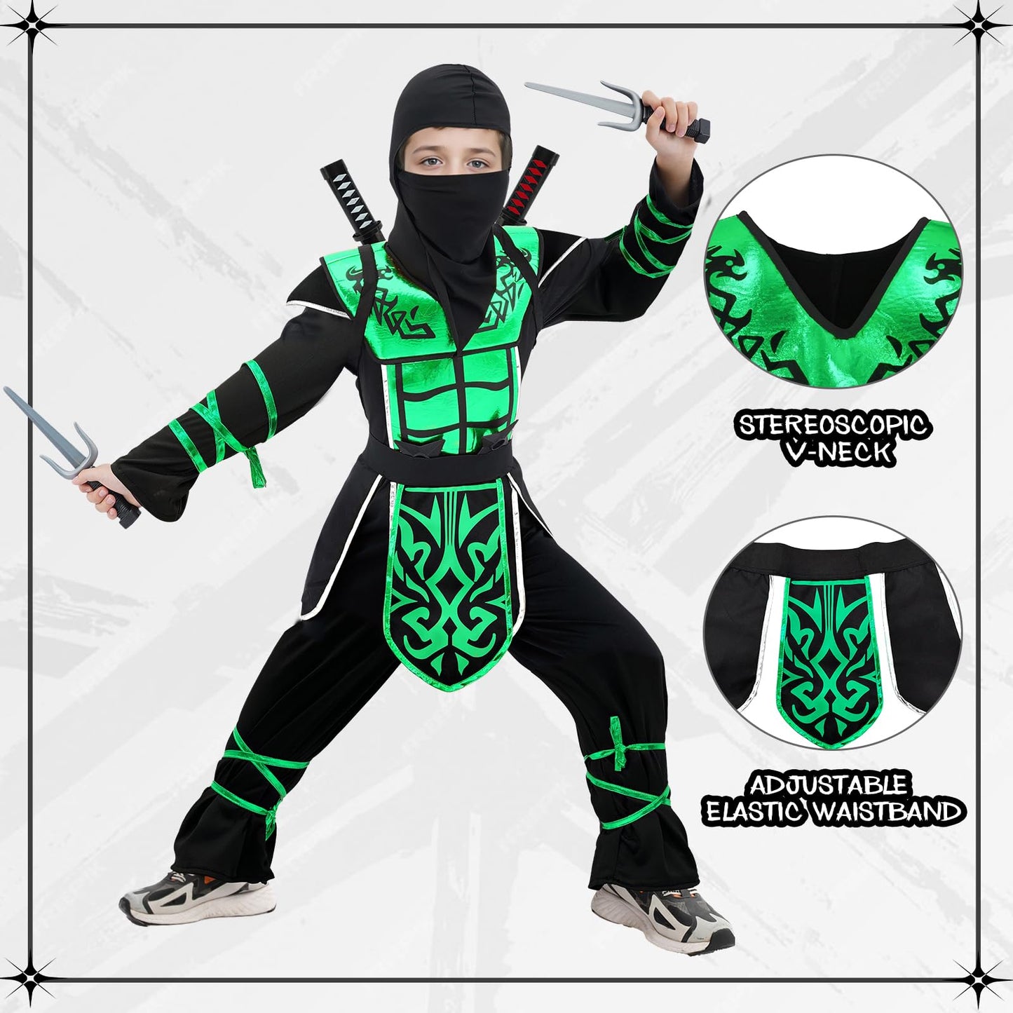 Digi Kids Halloween Ninja Costume for Boys – Green Outfit with Props (4-12)