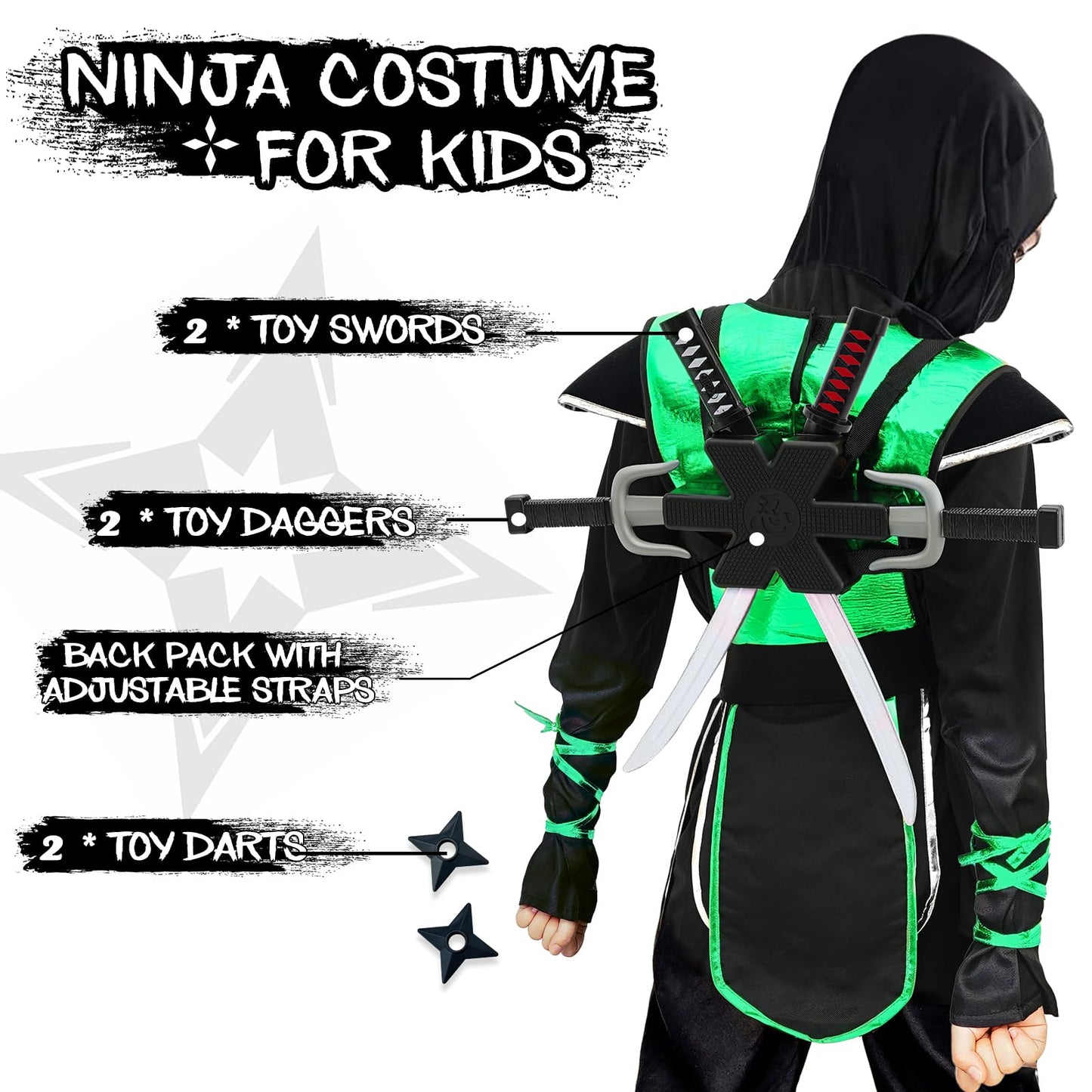 Digi Kids Halloween Ninja Costume for Boys – Green Outfit with Props (4-12)