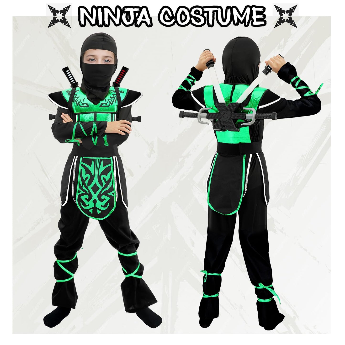 Digi Kids Halloween Ninja Costume for Boys – Green Outfit with Props (4-12)