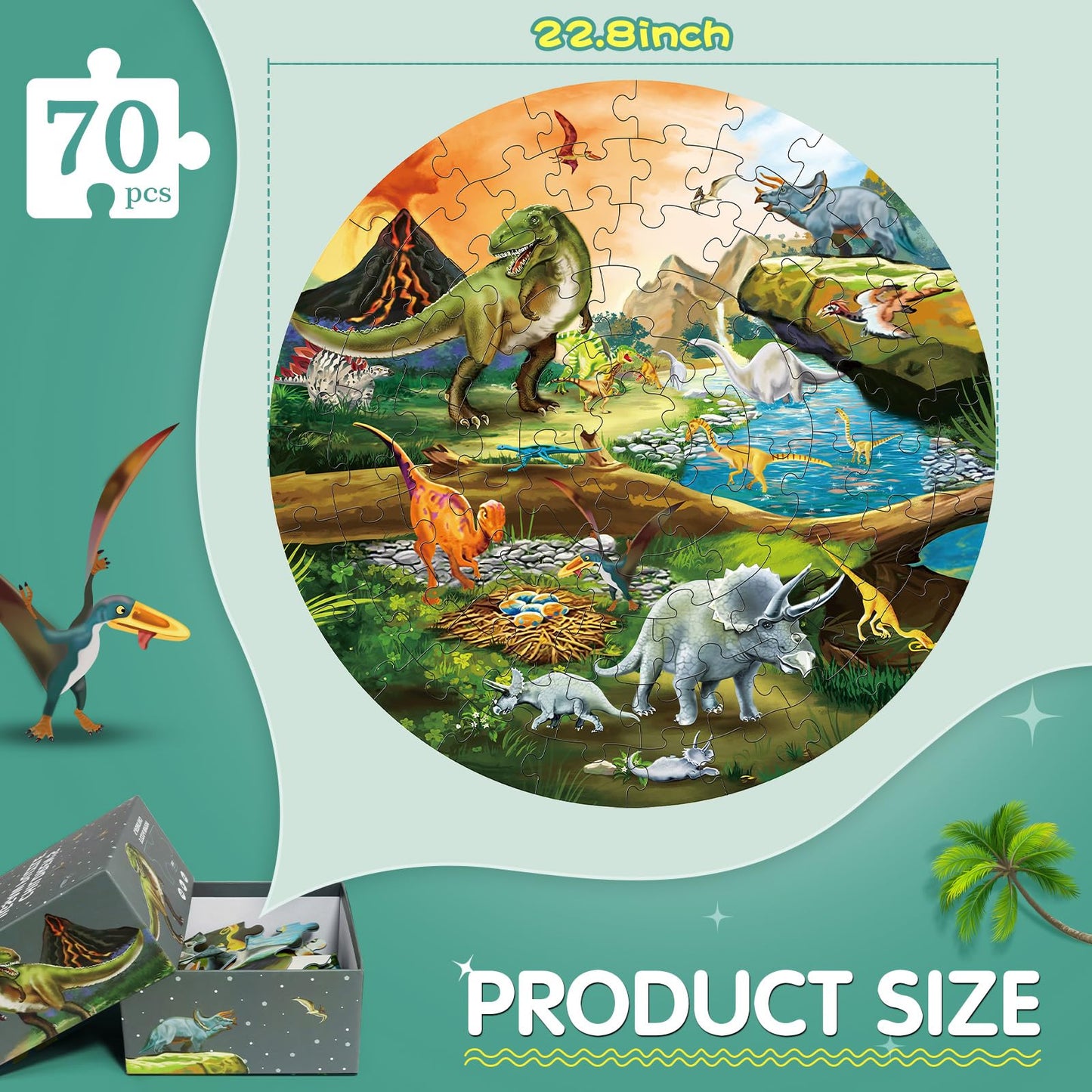 DIGOBAY Dinosaur Floor Puzzle – 70-Piece Round Puzzle for Kids Ages 3-8