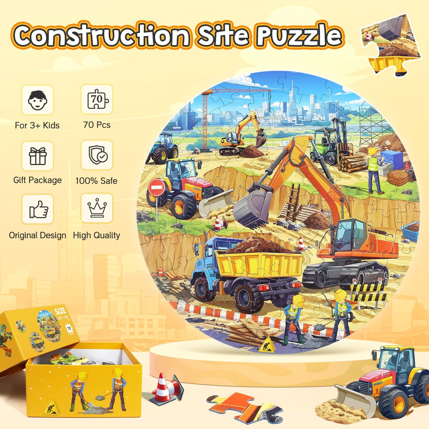 DIGOBAY Round Floor Puzzle – 70-Piece Construction Site for Kids 3-12