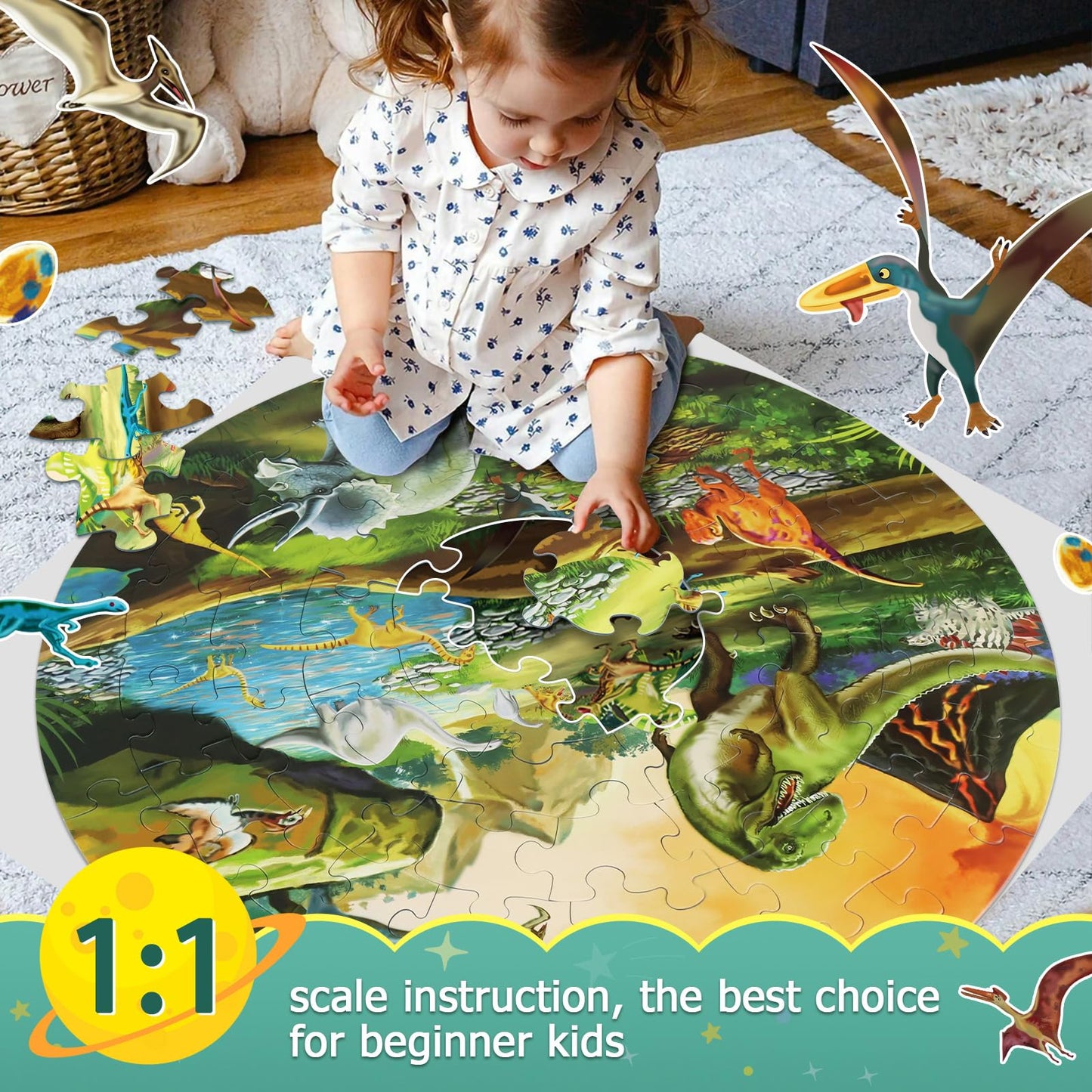DIGOBAY Dinosaur Floor Puzzle – 70-Piece Round Puzzle for Kids Ages 3-8