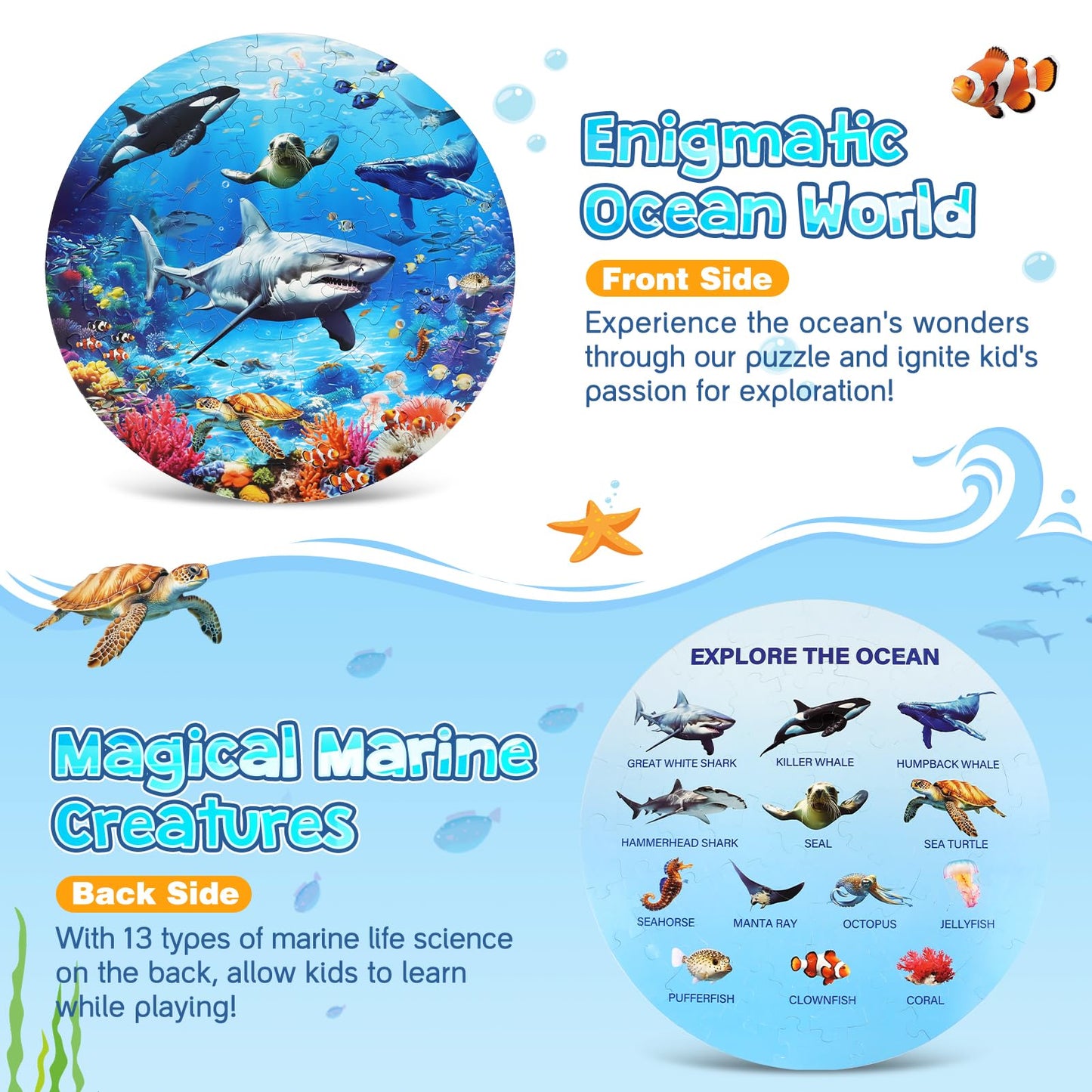 DIGOBAY Round Ocean Floor Puzzle for Kids 3-8 — 70-Piece Shark & Marine Life