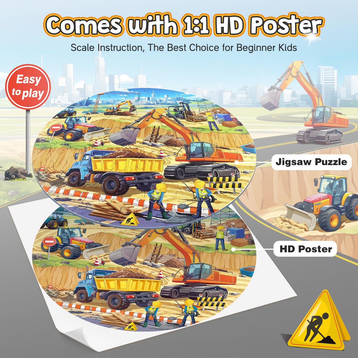 DIGOBAY Round Floor Puzzle – 70-Piece Construction Site for Kids 3-12