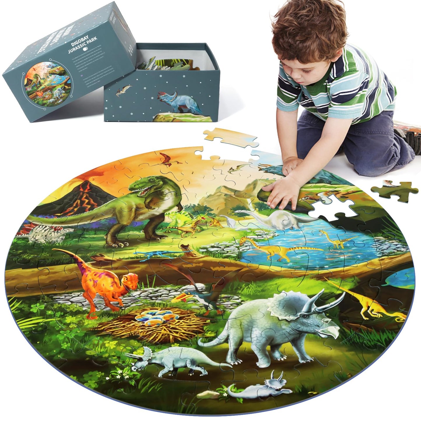 DIGOBAY Dinosaur Floor Puzzle – 70-Piece Round Puzzle for Kids Ages 3-8