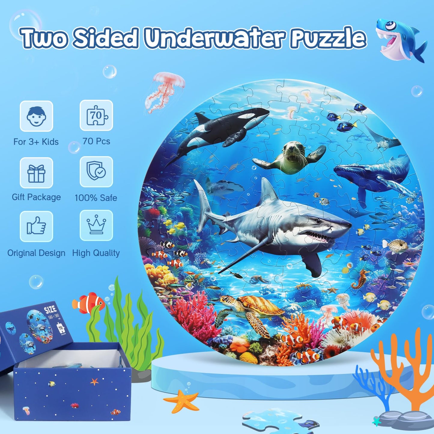 DIGOBAY Round Ocean Floor Puzzle for Kids 3-8 — 70-Piece Shark & Marine Life