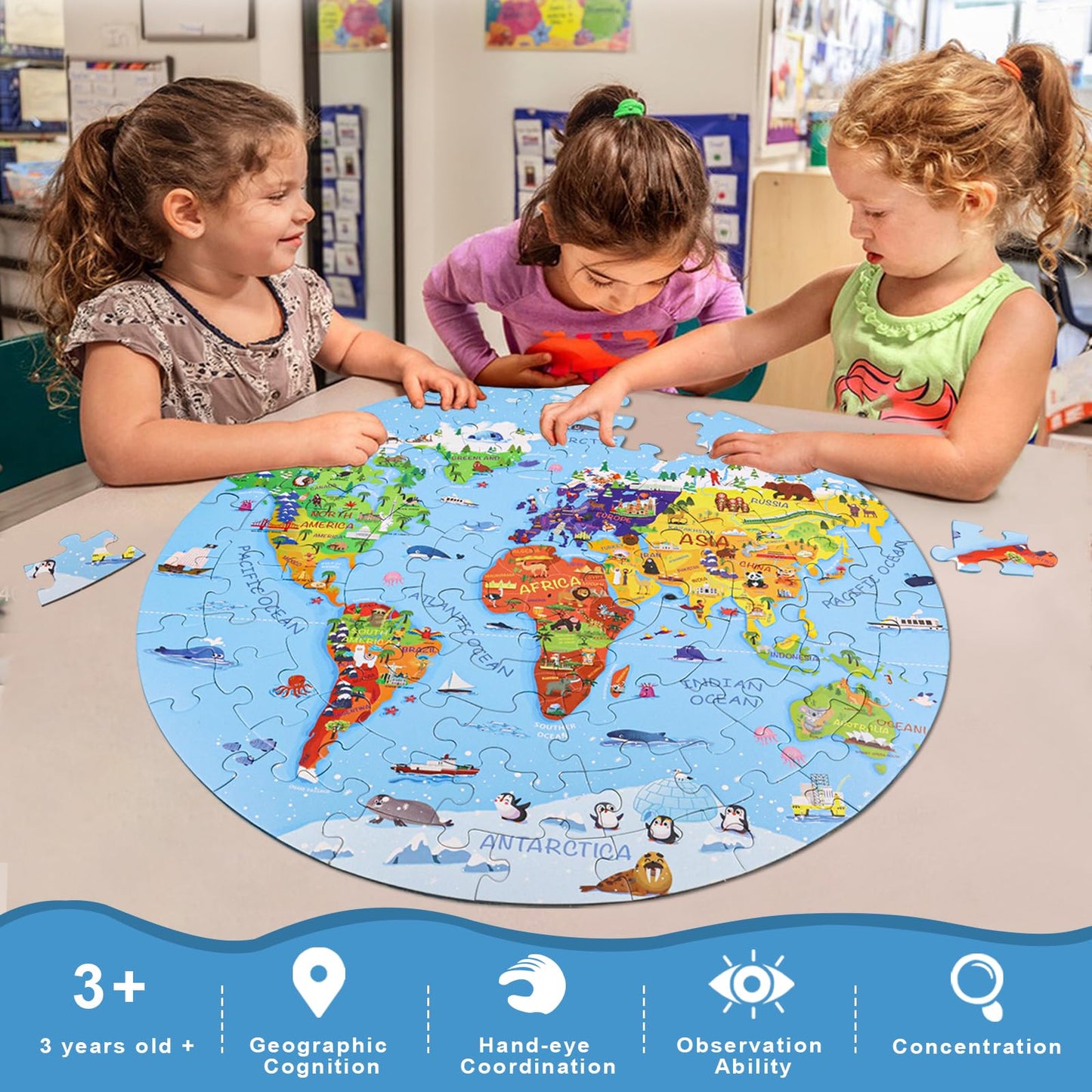 DIGOBAY World Map Jigsaw Puzzle – 70-Piece Round Floor Puzzle for Kids Aged 4-8