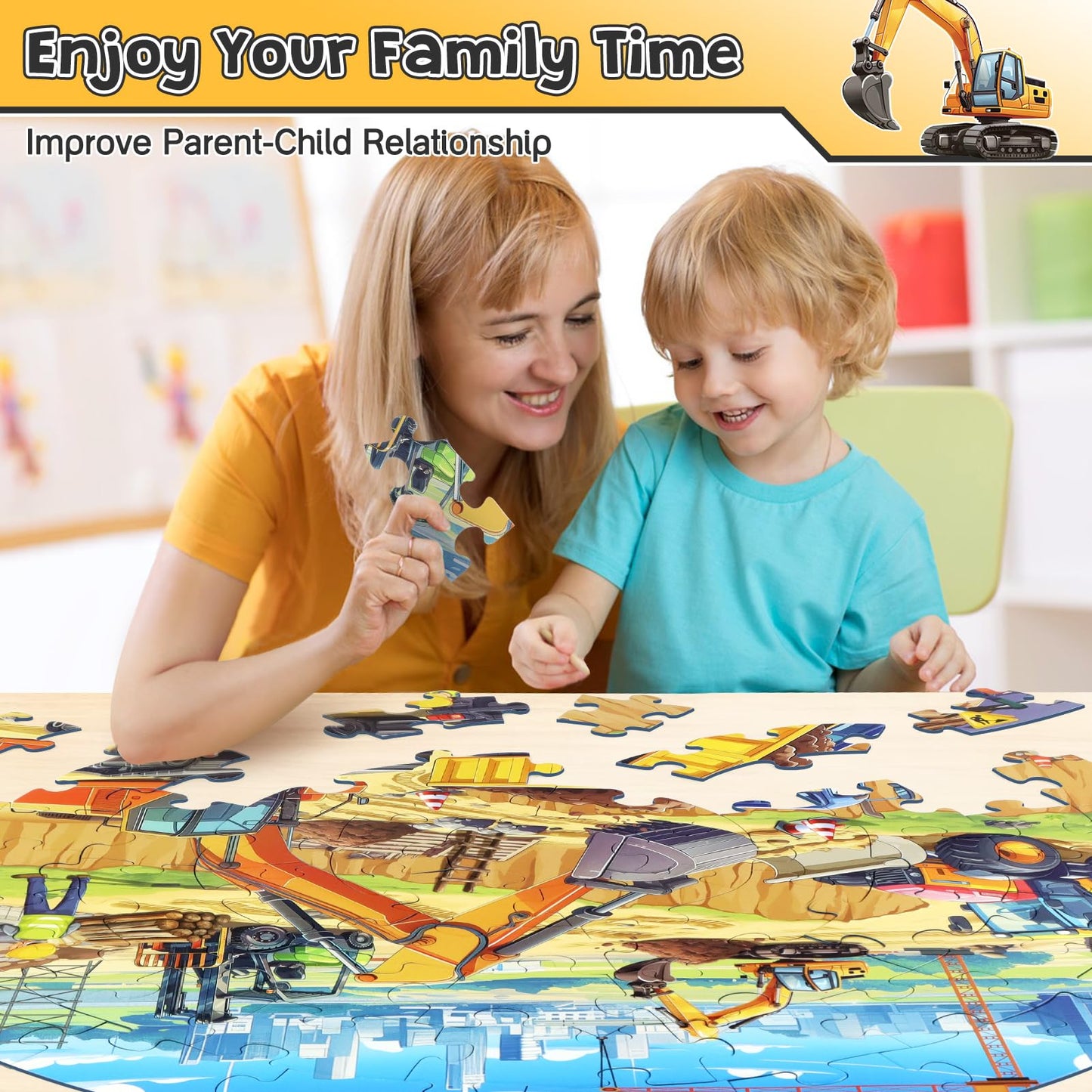 DIGOBAY Round Floor Puzzle – 70-Piece Construction Site for Kids 3-12
