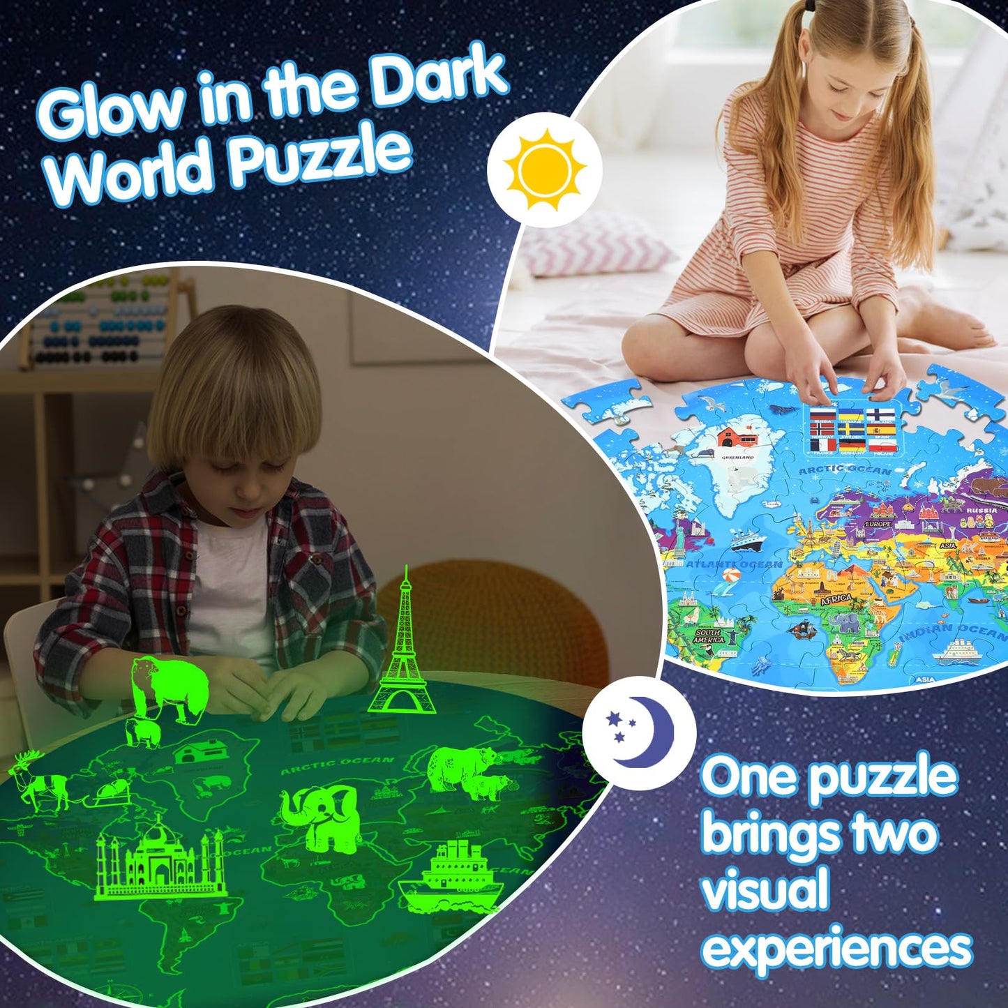 DIGOBAY Glow in The Dark World Map Puzzle for Kids – 70 Pieces, 22.8-Inch Round Geography Toy