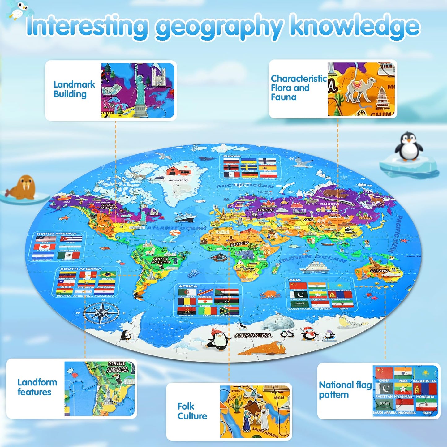 DIGOBAY Glow in The Dark World Map Puzzle for Kids – 70 Pieces, 22.8-Inch Round Geography Toy