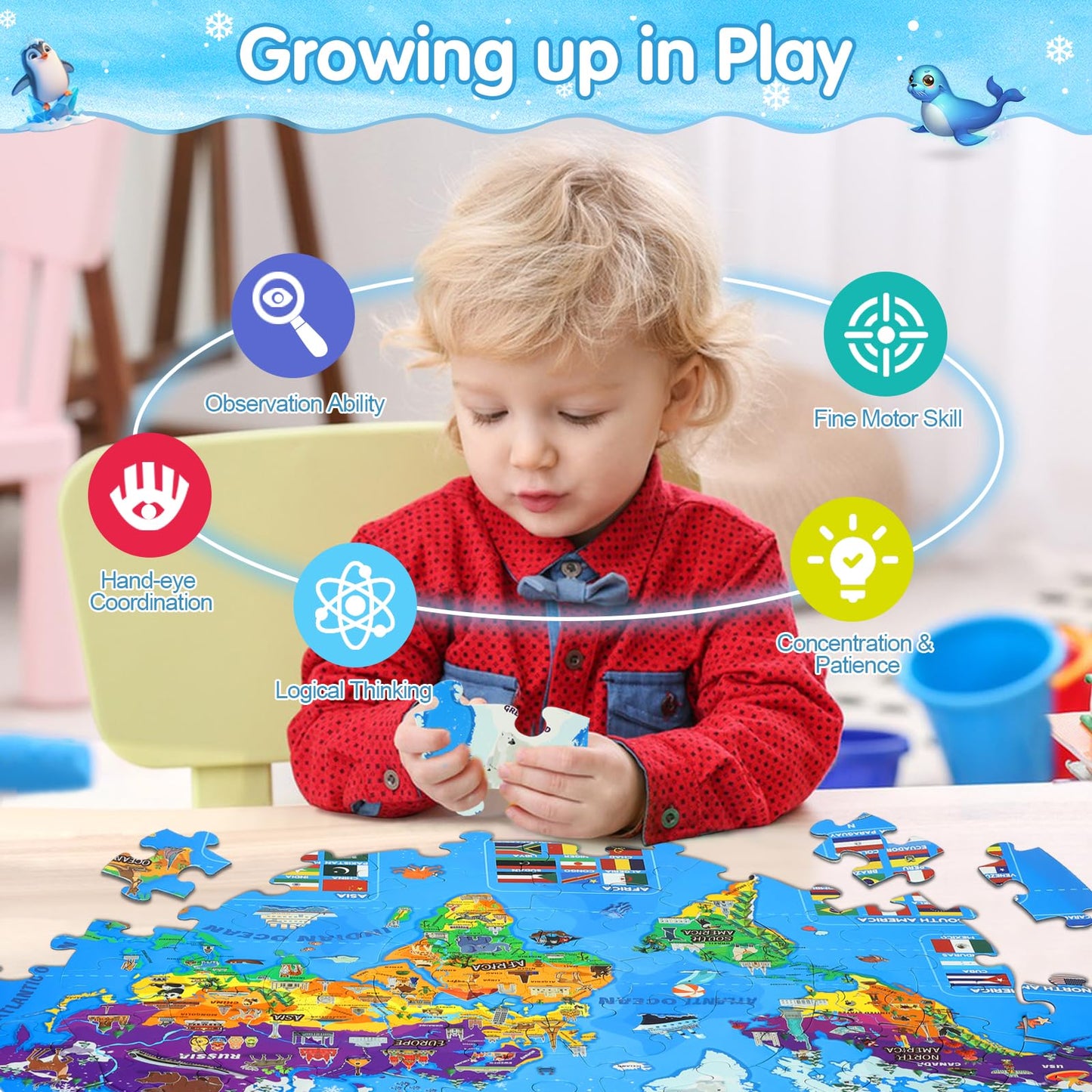 DIGOBAY Glow in The Dark World Map Puzzle for Kids – 70 Pieces, 22.8-Inch Round Geography Toy