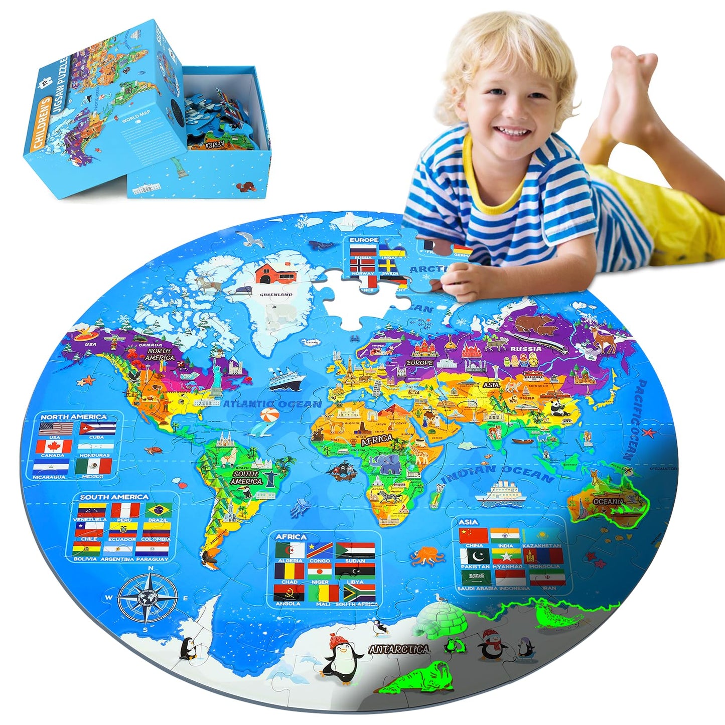 DIGOBAY Glow in The Dark World Map Puzzle for Kids – 70 Pieces, 22.8-Inch Round Geography Toy