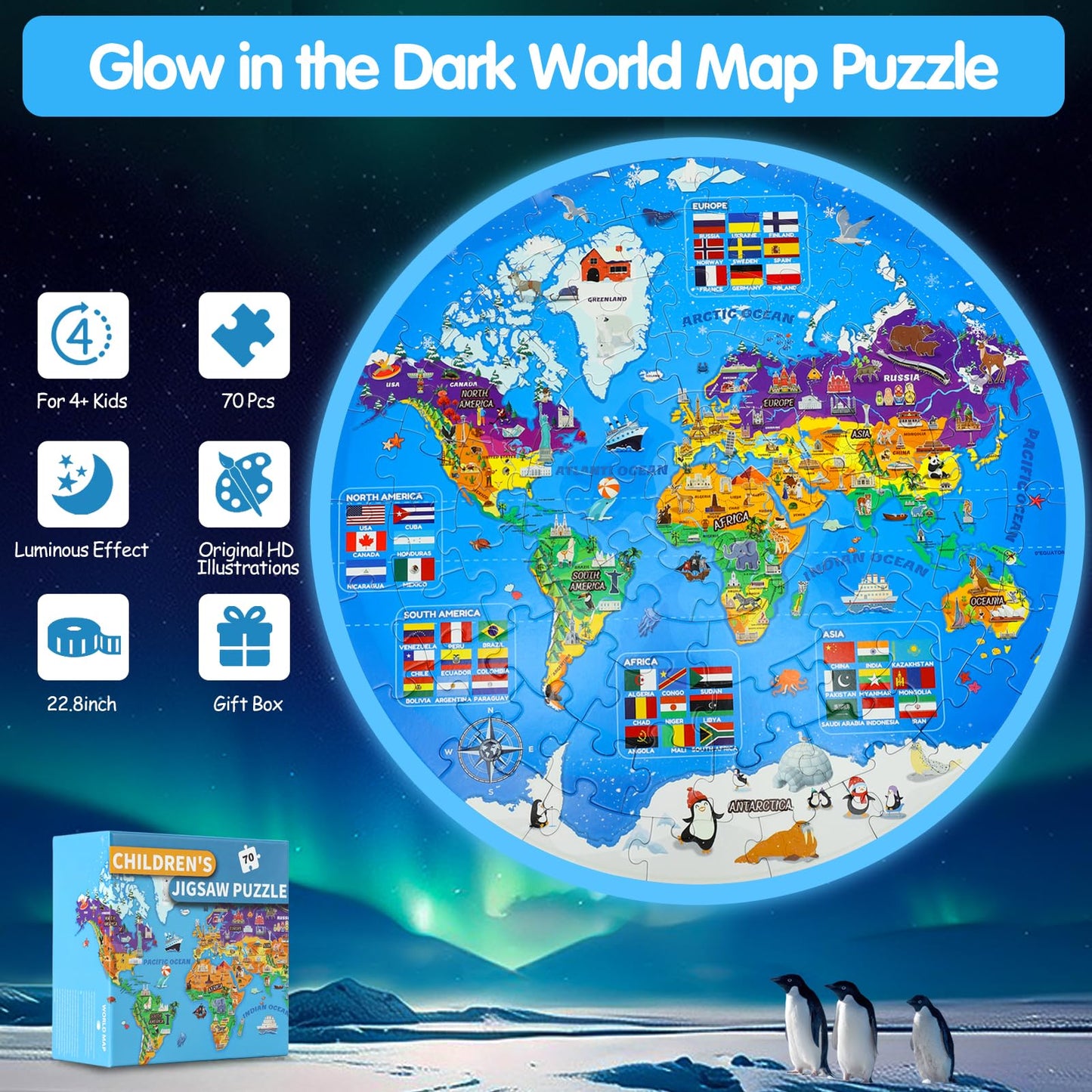 DIGOBAY Glow in The Dark World Map Puzzle for Kids – 70 Pieces, 22.8-Inch Round Geography Toy