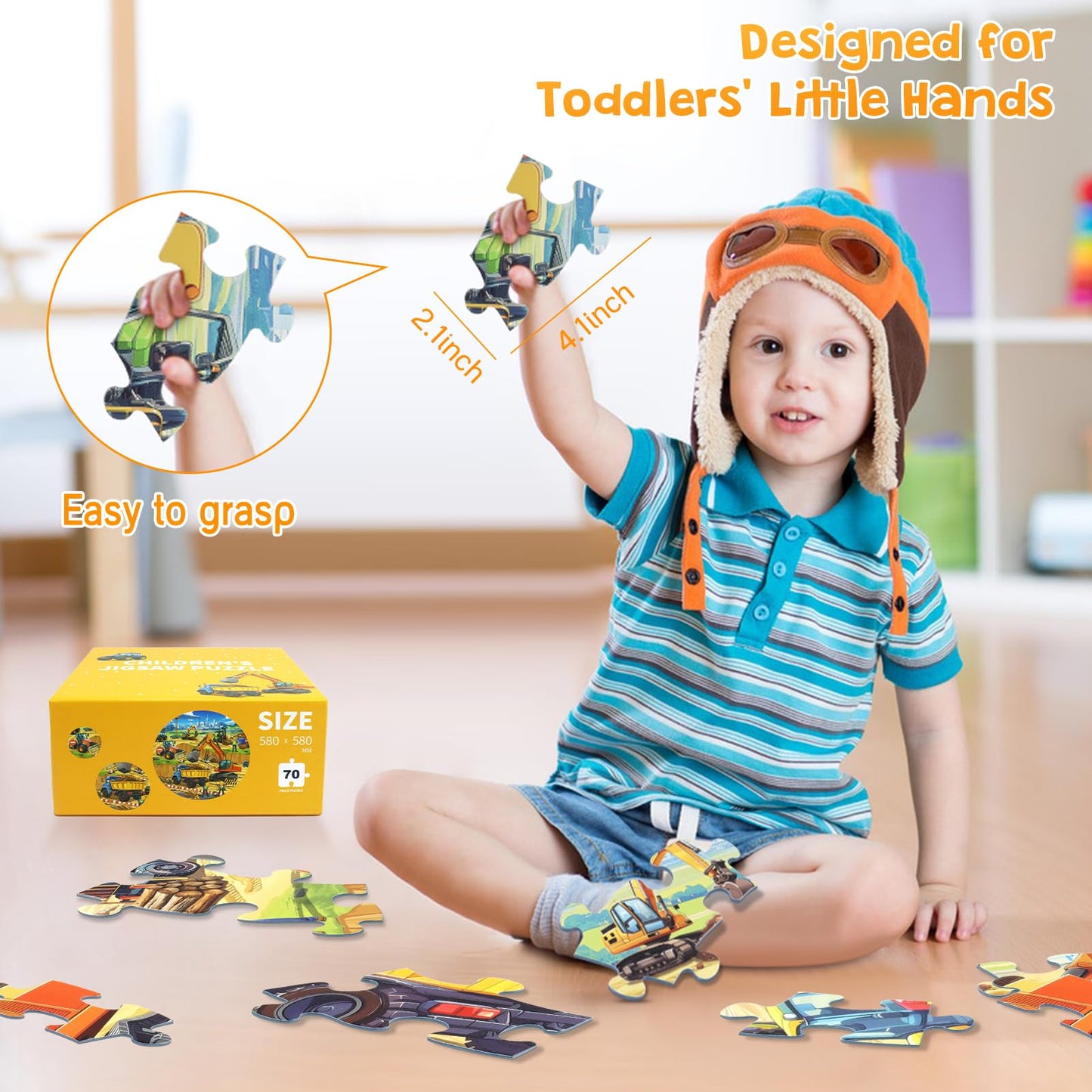 DIGOBAY Round Floor Puzzle – 70-Piece Construction Site for Kids 3-12