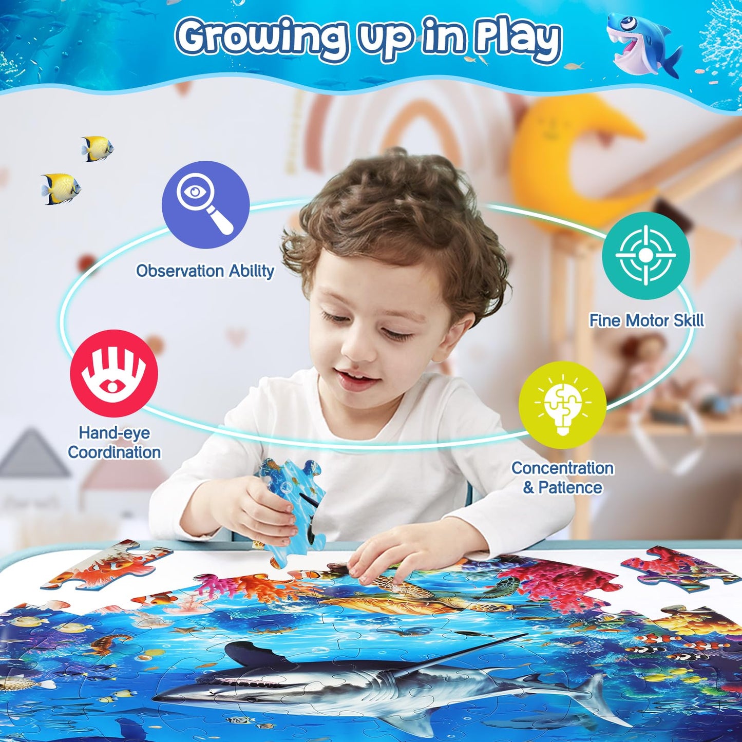 DIGOBAY Round Ocean Floor Puzzle for Kids 3-8 — 70-Piece Shark & Marine Life