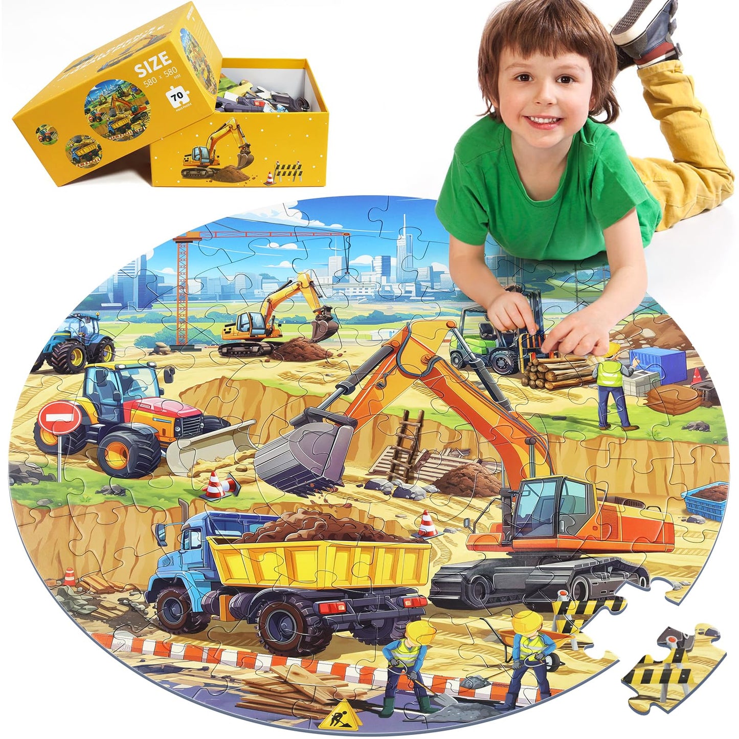 DIGOBAY Round Floor Puzzle – 70-Piece Construction Site for Kids 3-12