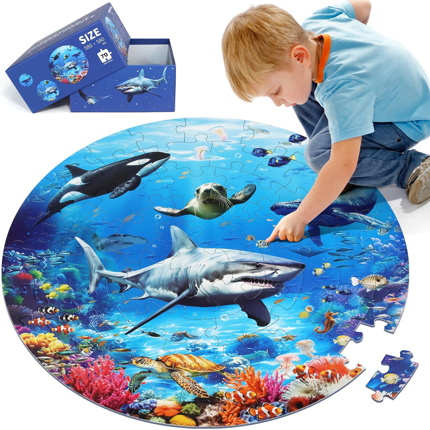 DIGOBAY Round Ocean Floor Puzzle for Kids 3-8 — 70-Piece Shark & Marine Life