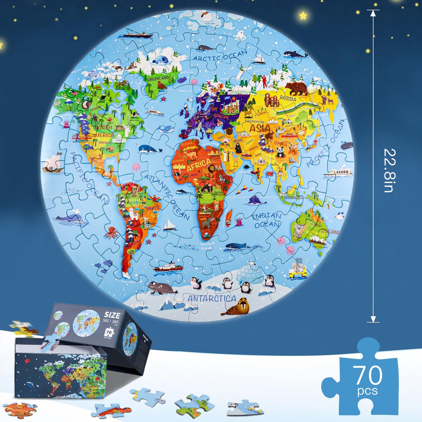 DIGOBAY World Map Jigsaw Puzzle – 70-Piece Round Floor Puzzle for Kids Aged 4-8