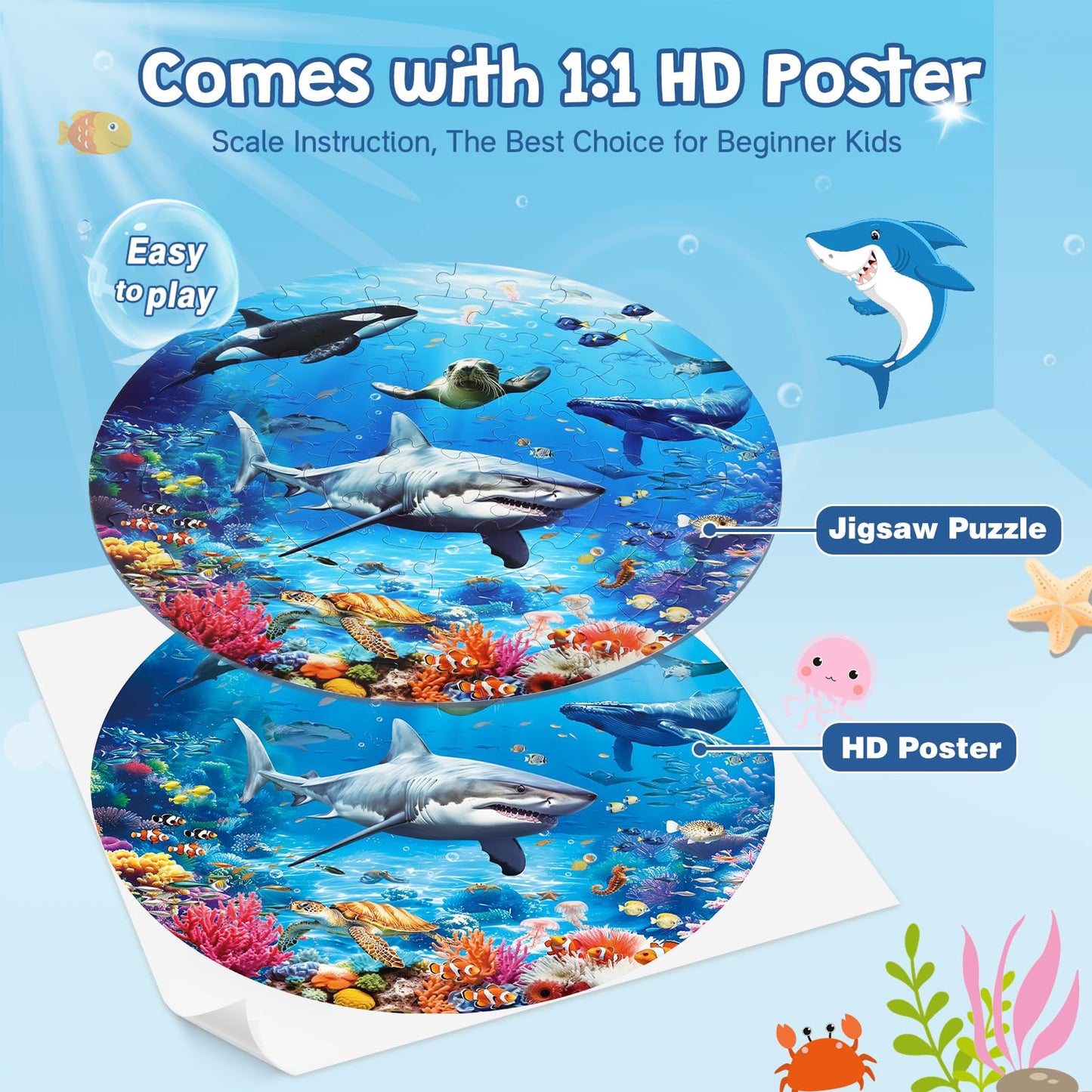 DIGOBAY Round Ocean Floor Puzzle for Kids 3-8 — 70-Piece Shark & Marine Life