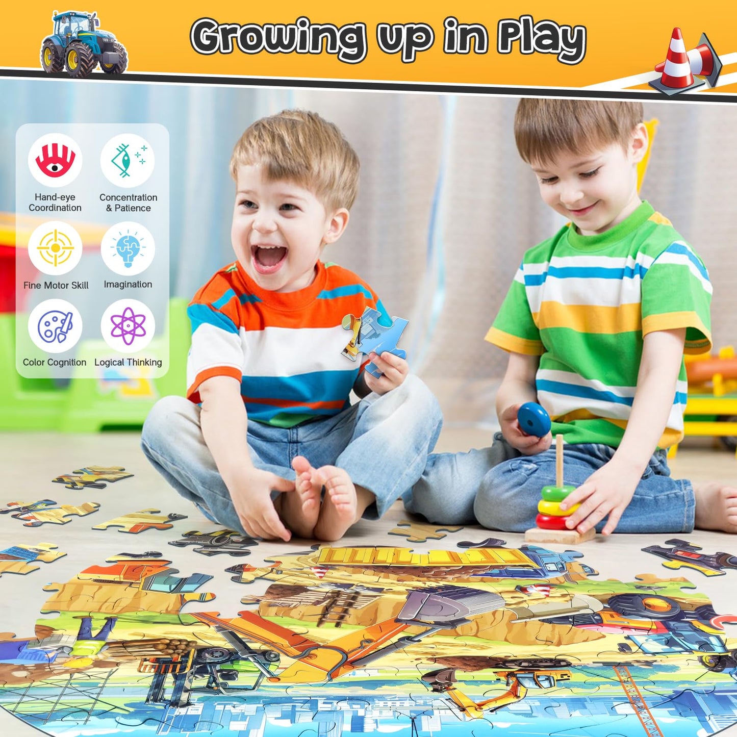 DIGOBAY Round Floor Puzzle – 70-Piece Construction Site for Kids 3-12