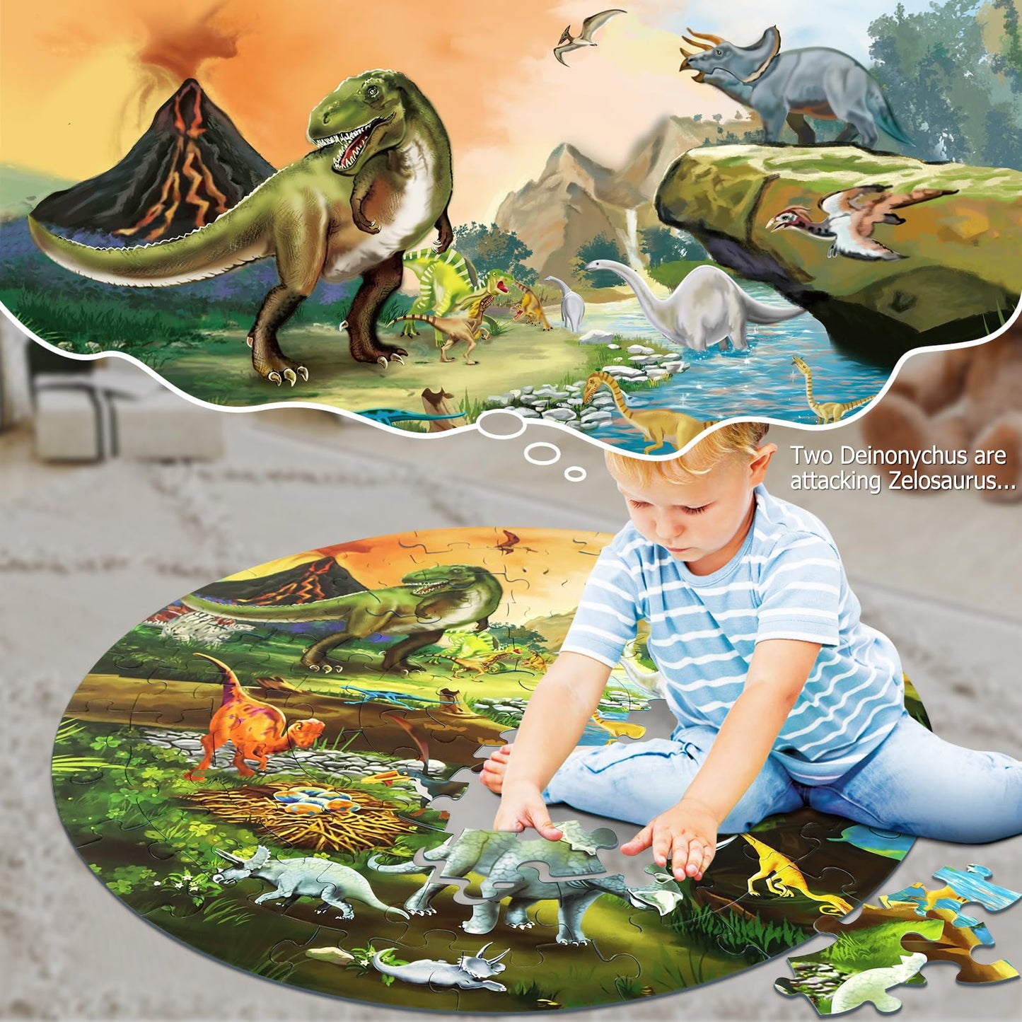 DIGOBAY Dinosaur Floor Puzzle – 70-Piece Round Puzzle for Kids Ages 3-8