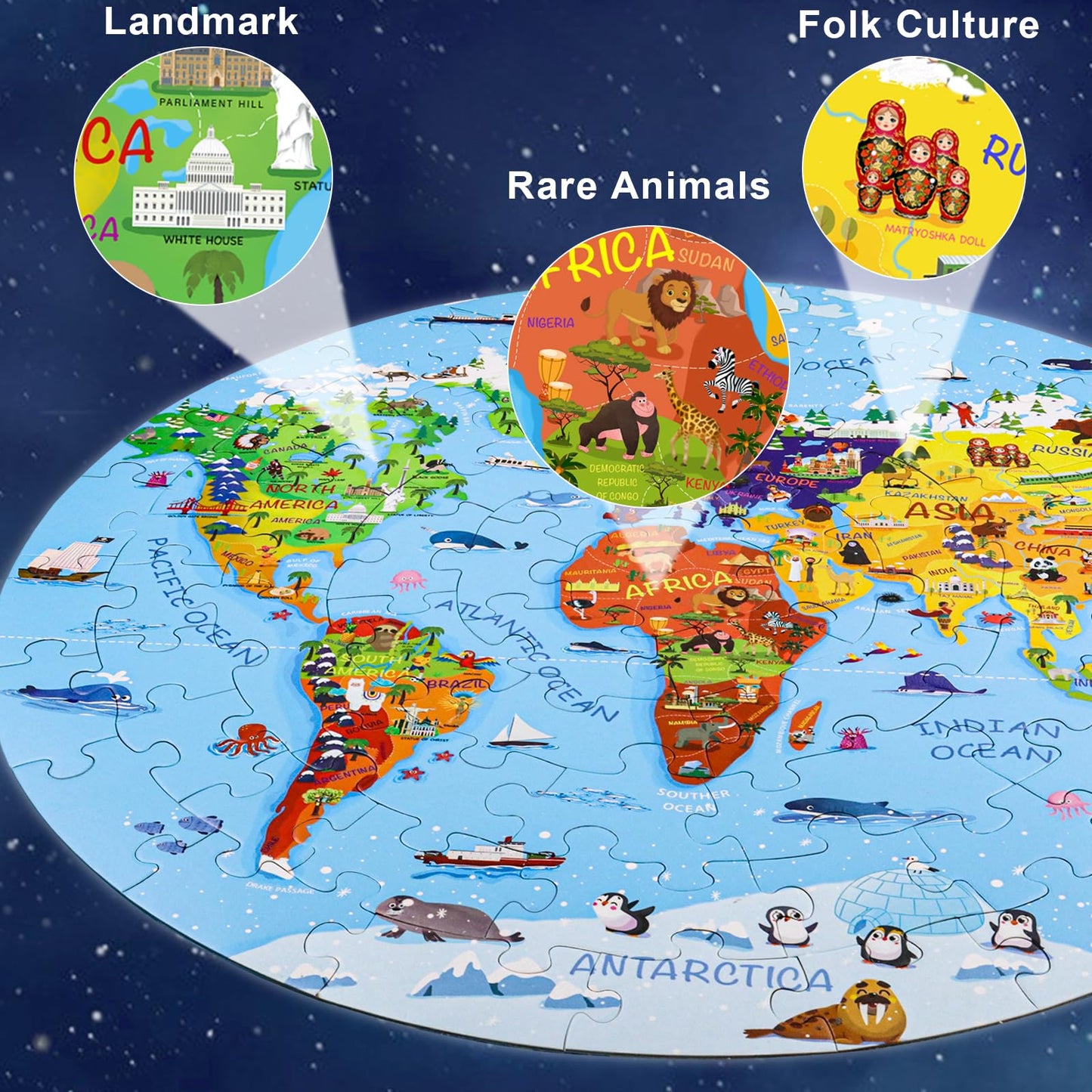 DIGOBAY World Map Jigsaw Puzzle – 70-Piece Round Floor Puzzle for Kids Aged 4-8