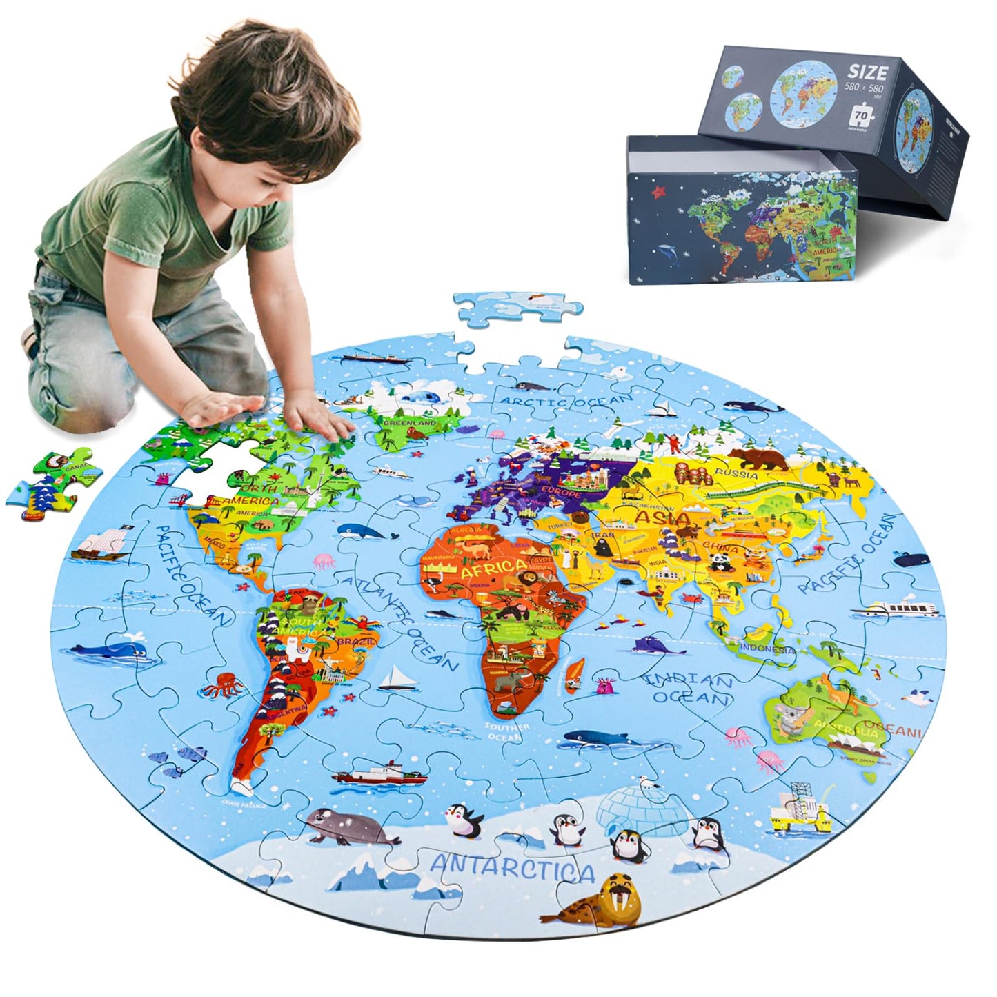 DIGOBAY World Map Jigsaw Puzzle – 70-Piece Round Floor Puzzle for Kids Aged 4-8