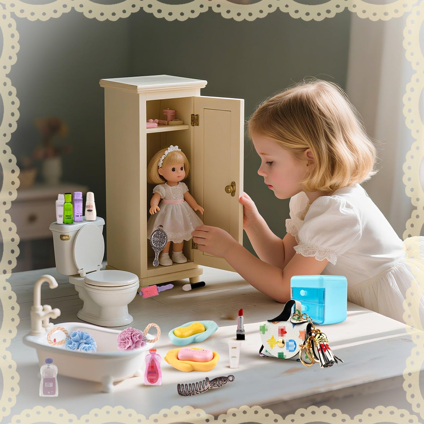 Diinokiy 87-Piece Dollhouse Bathroom & Beauty Mini Set | 1:12 Scale, Realistic Accessories
