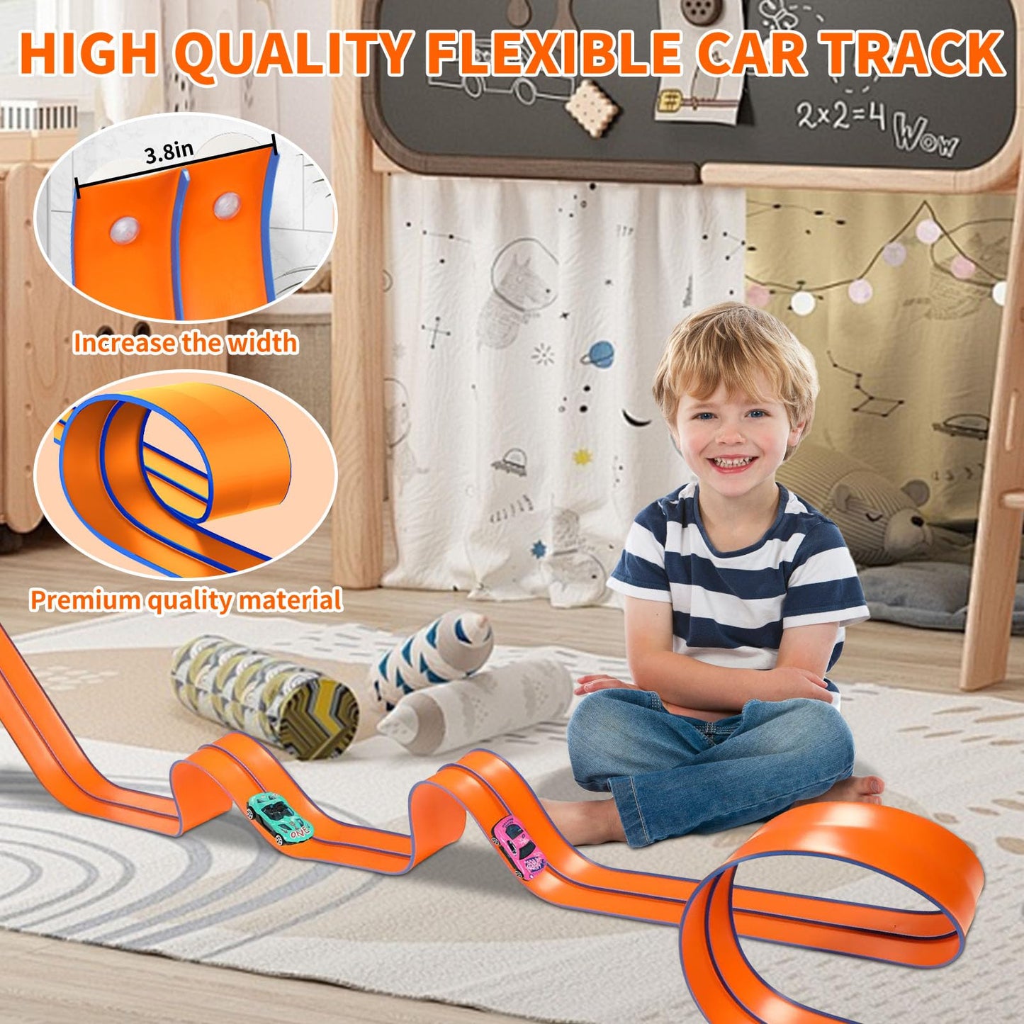 Dikopubby Flex Track Race Set — 15ft Starter Track with 6 Diecast Cars and 4 Suction Cups | STEM Racing Toy for Kids 3+ (Upgrade Orange)