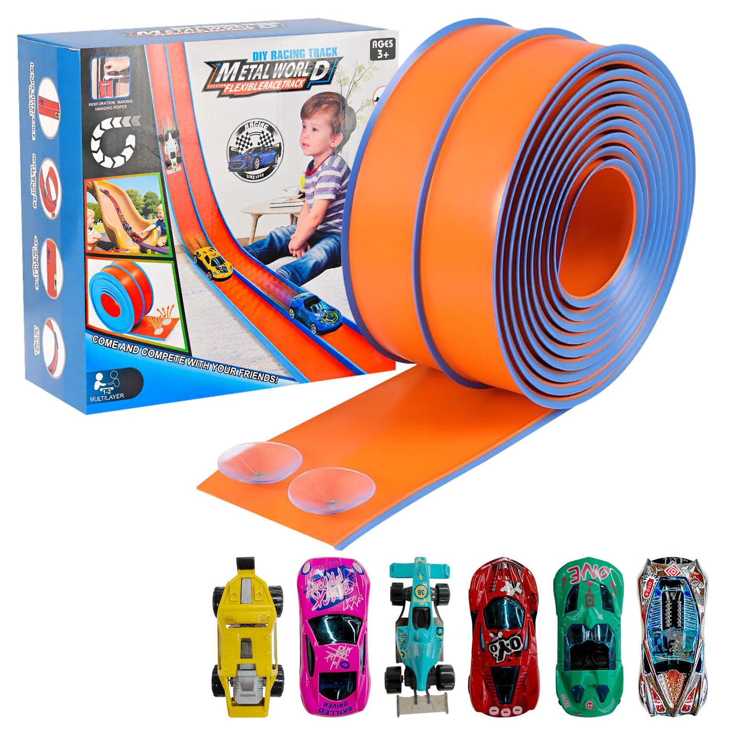 Dikopubby Flex Track Race Set — 15ft Starter Track with 6 Diecast Cars and 4 Suction Cups | STEM Racing Toy for Kids 3+ (Upgrade Orange)