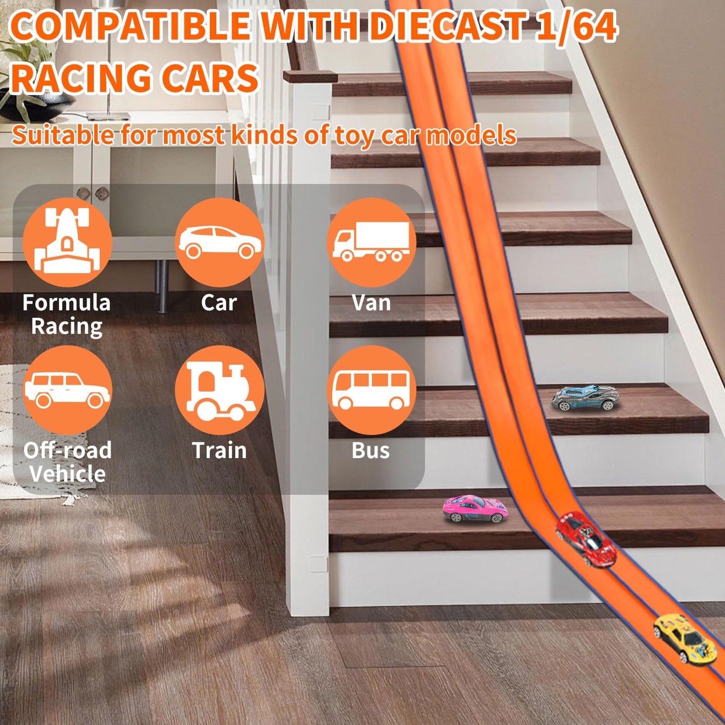 Dikopubby Flex Track Race Set — 15ft Starter Track with 6 Diecast Cars and 4 Suction Cups | STEM Racing Toy for Kids 3+ (Upgrade Orange)