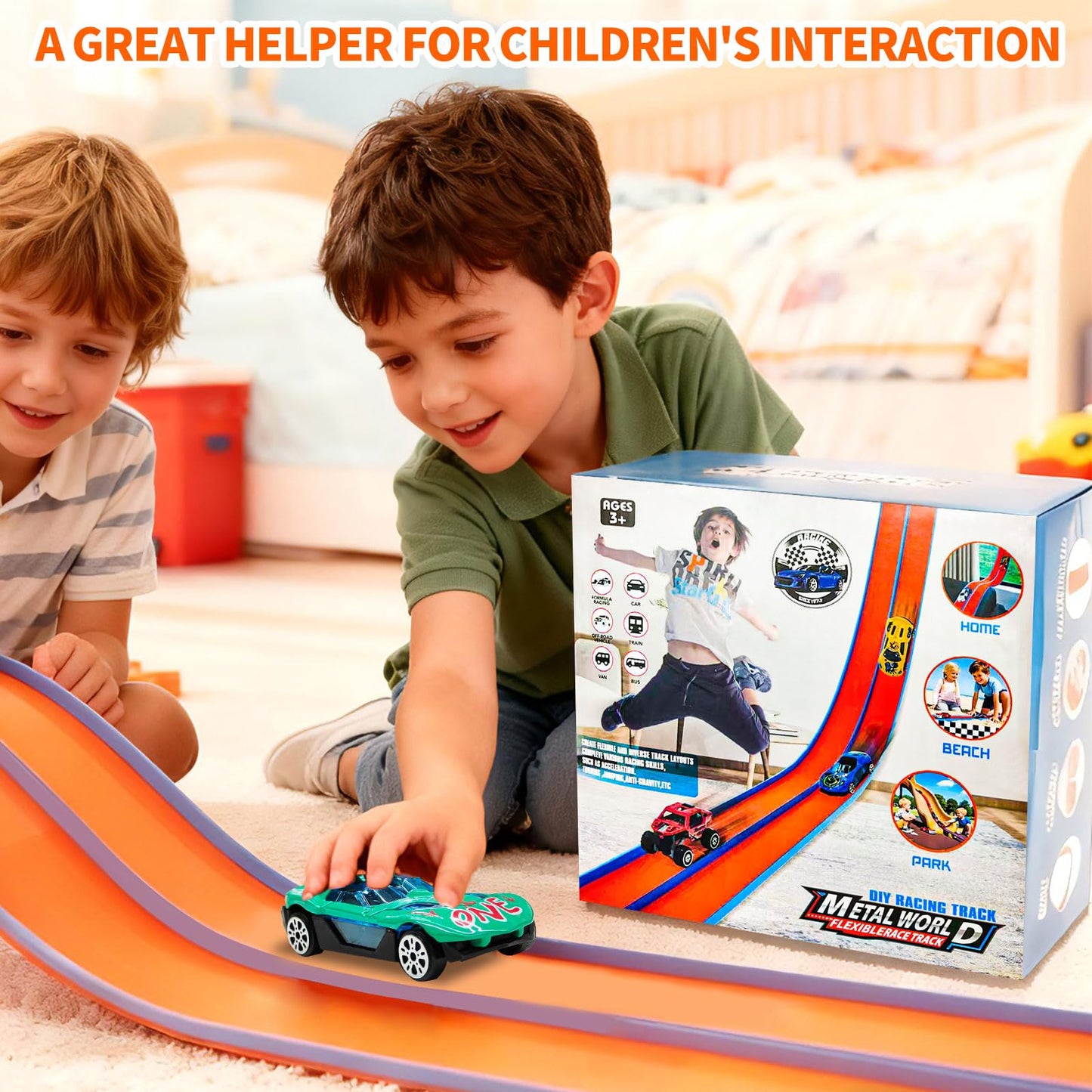 Dikopubby Flex Track Race Set — 15ft Starter Track with 6 Diecast Cars and 4 Suction Cups | STEM Racing Toy for Kids 3+ (Upgrade Orange)