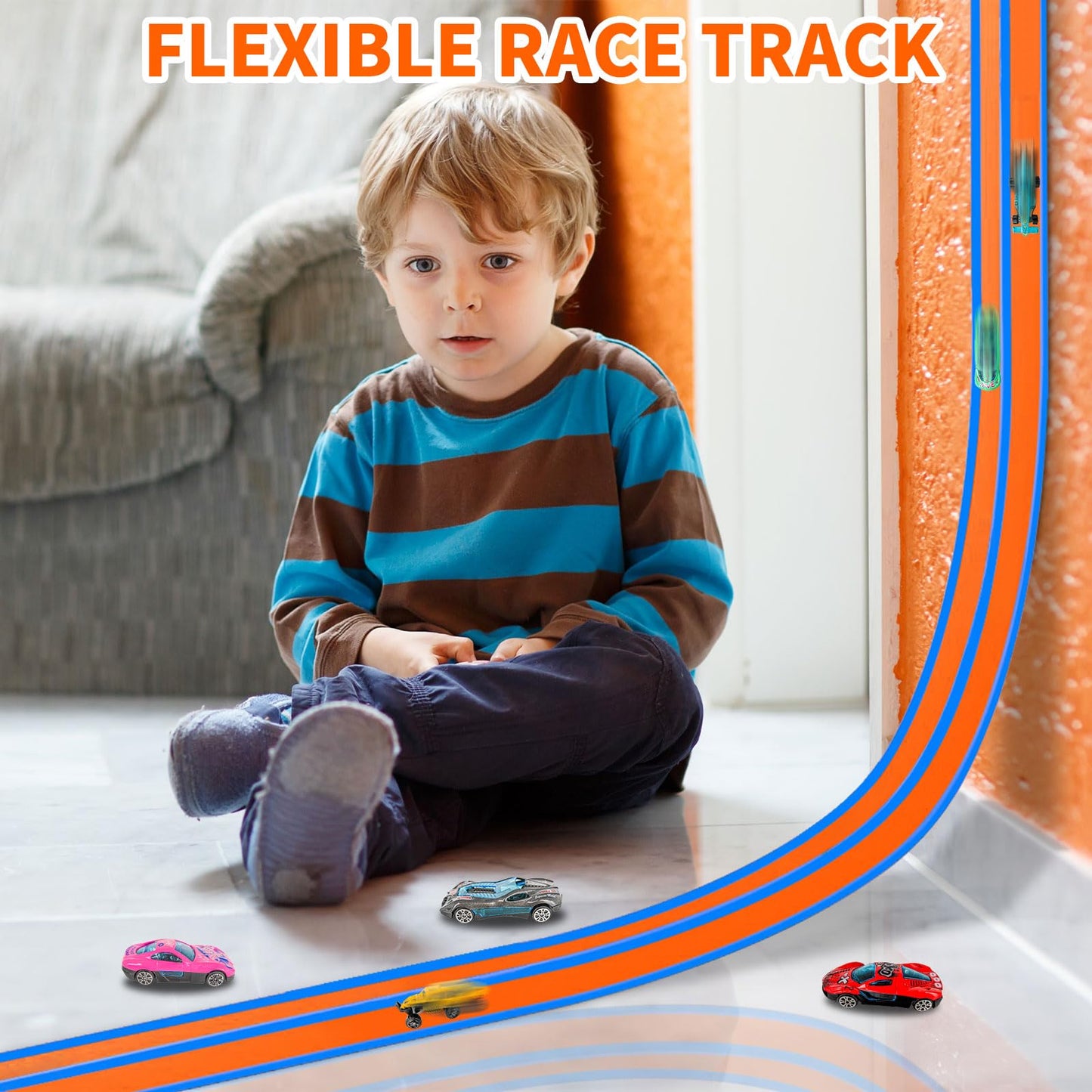 Dikopubby Flex Track Race Set — 15ft Starter Track with 6 Diecast Cars and 4 Suction Cups | STEM Racing Toy for Kids 3+ (Upgrade Orange)