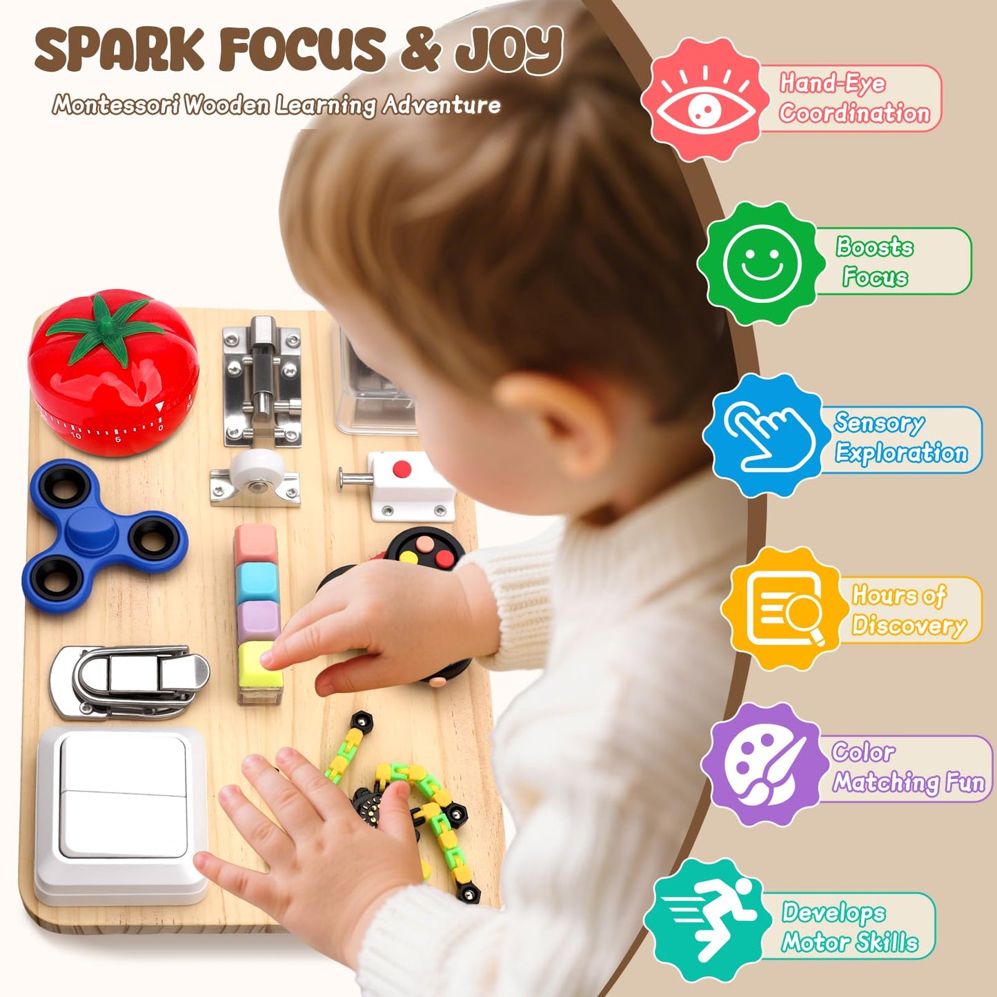 Dilabnba 11-in-1 Wooden Activity Board | Fidget Spinner Pad & Sensory Toy