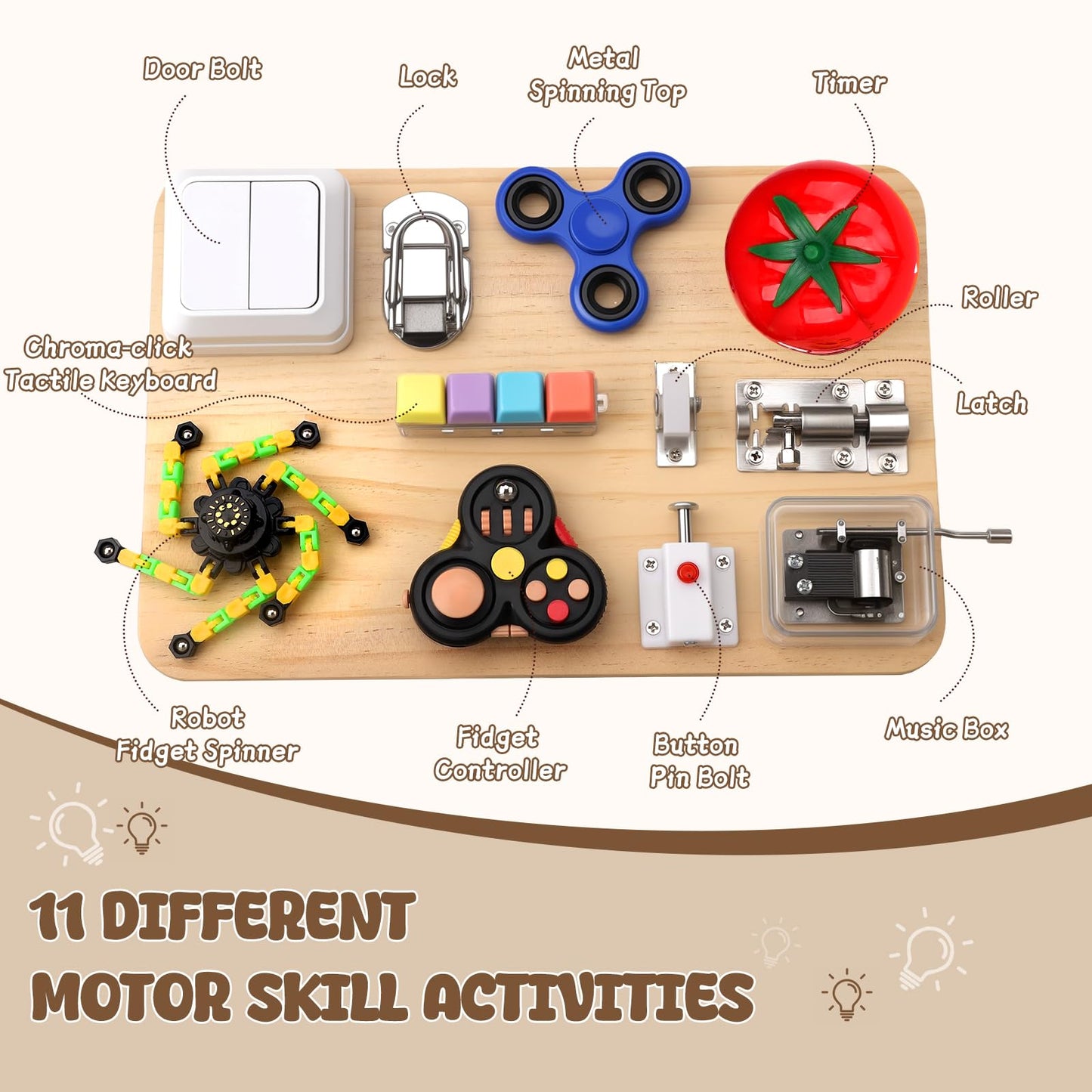 Dilabnba 11-in-1 Wooden Activity Board | Fidget Spinner Pad & Sensory Toy