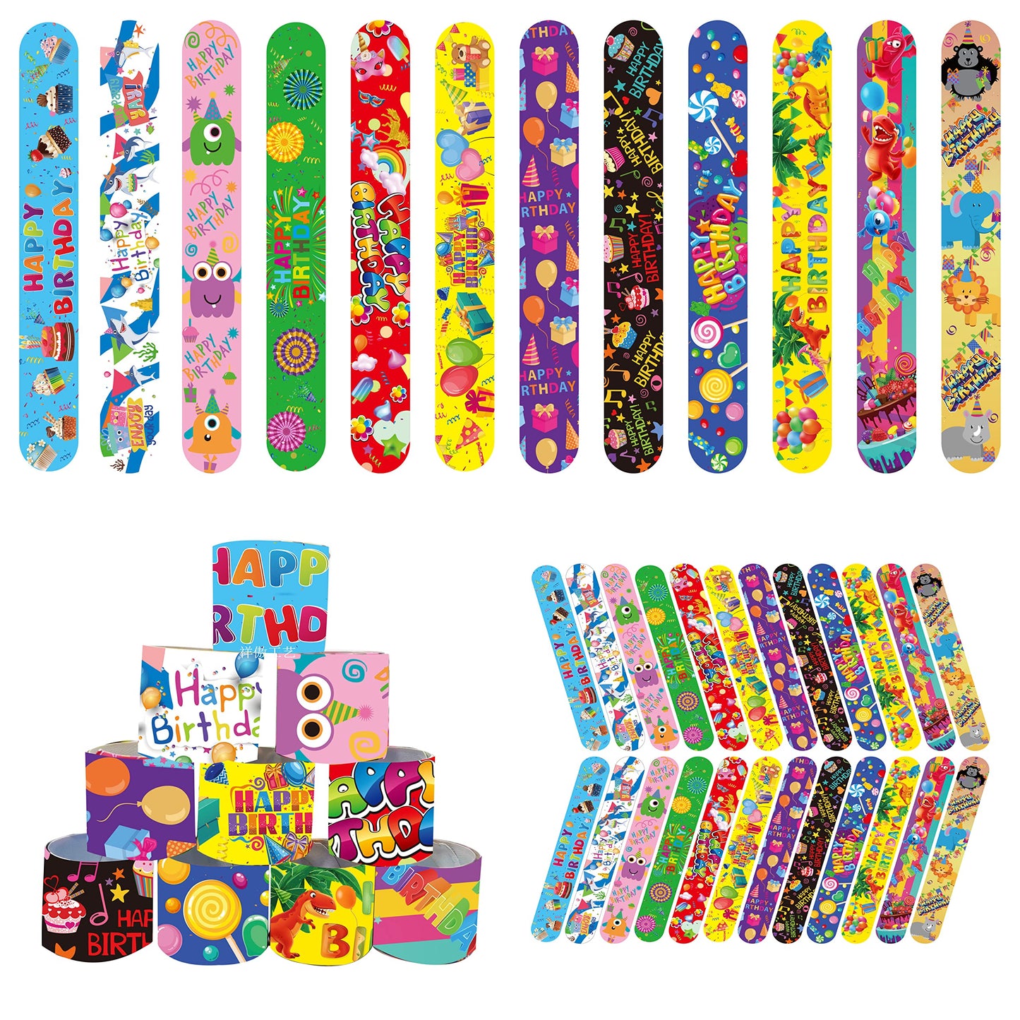 DimiGlobal 48 Pcs Happy Birthday Slap Bracelets – Party Favors Bulk