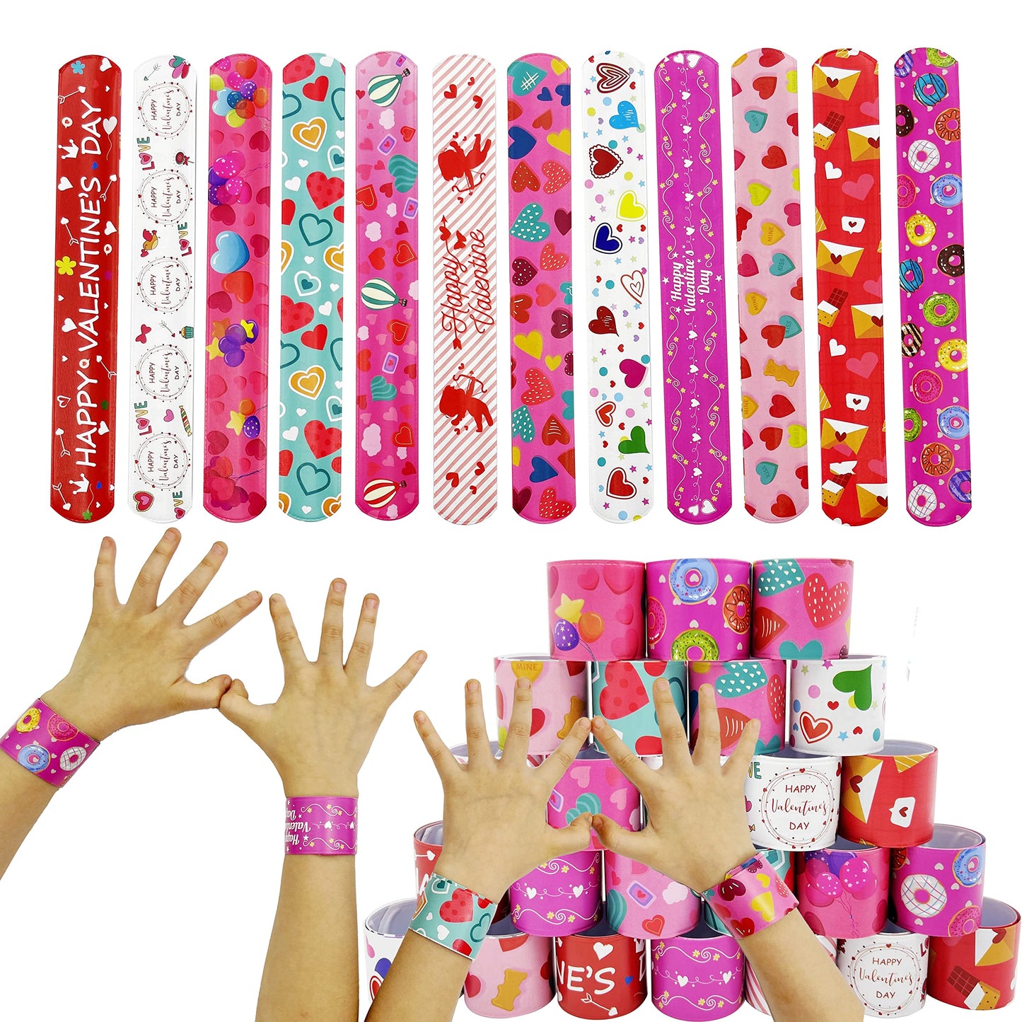 DimiGlobal Valentine Slap Bracelets for Kids – 24-Pack Party Favors & Classroom Prizes
