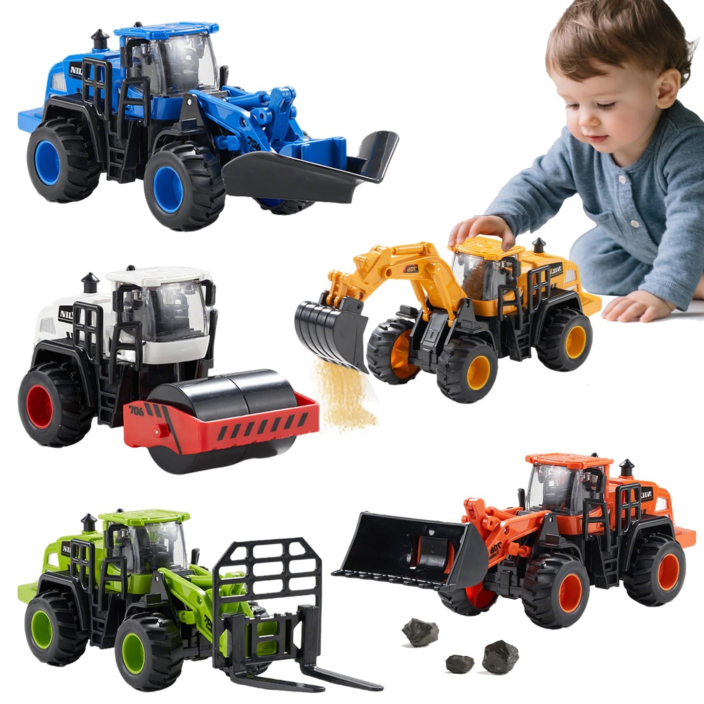 Dimoarch Construction Truck Toys for Toddlers – Push-Go Friction Vehicles Set for Sandbox & Outdoor Play