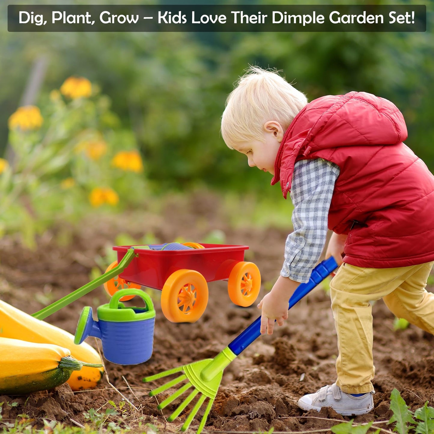 Dimple Garden Wagon & Tools Toy Set - 15-Piece Kids Gardening Kit, Durable & Versatile