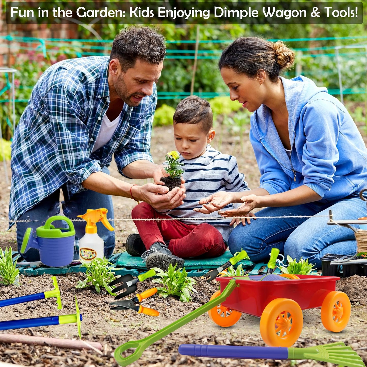 Dimple Garden Wagon & Tools Toy Set - 15-Piece Kids Gardening Kit, Durable & Versatile