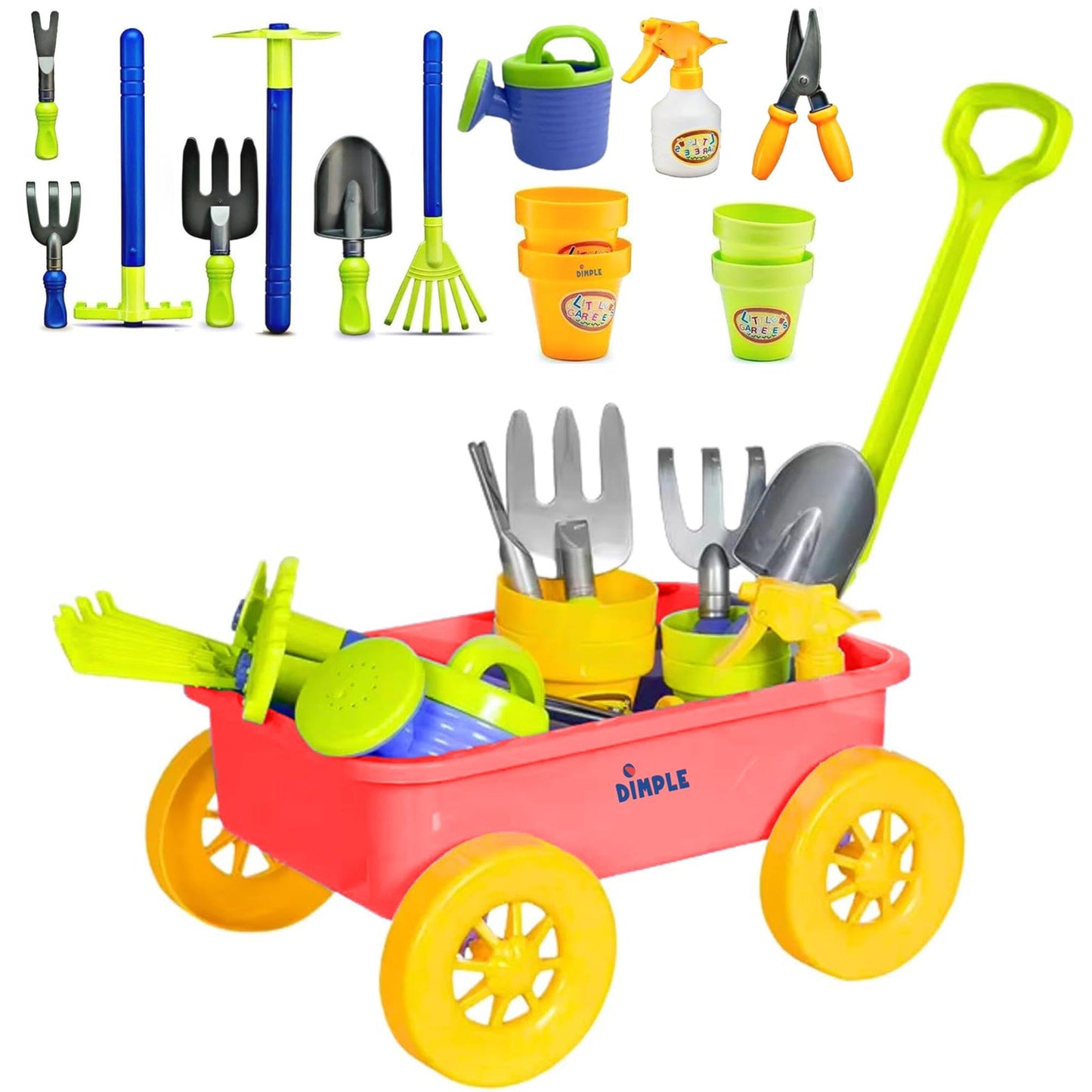 Dimple Garden Wagon & Tools Toy Set - 15-Piece Kids Gardening Kit, Durable & Versatile