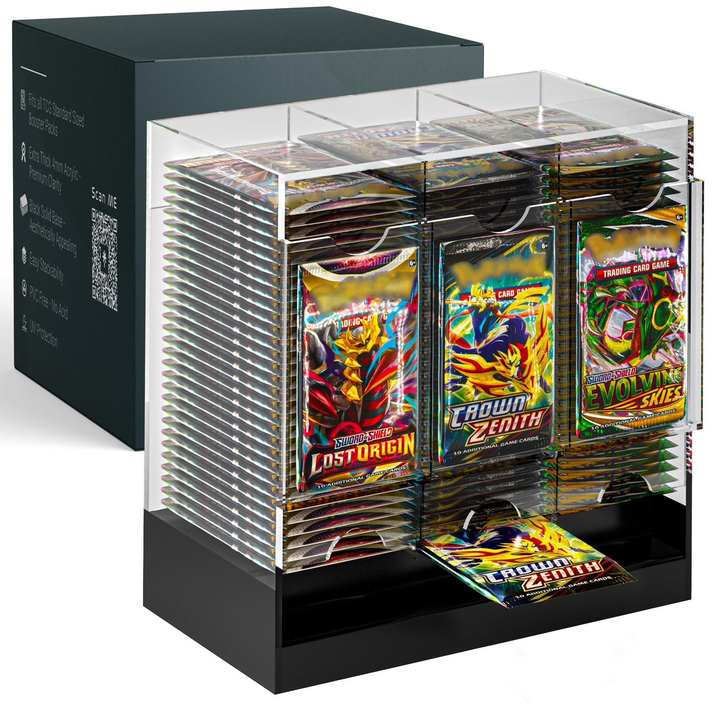 Dinavio Crafthouse 3-Slot Booster Pack Dispenser with Black Base – Fits 120 Booster Packs – 4mm Acrylic Stackable