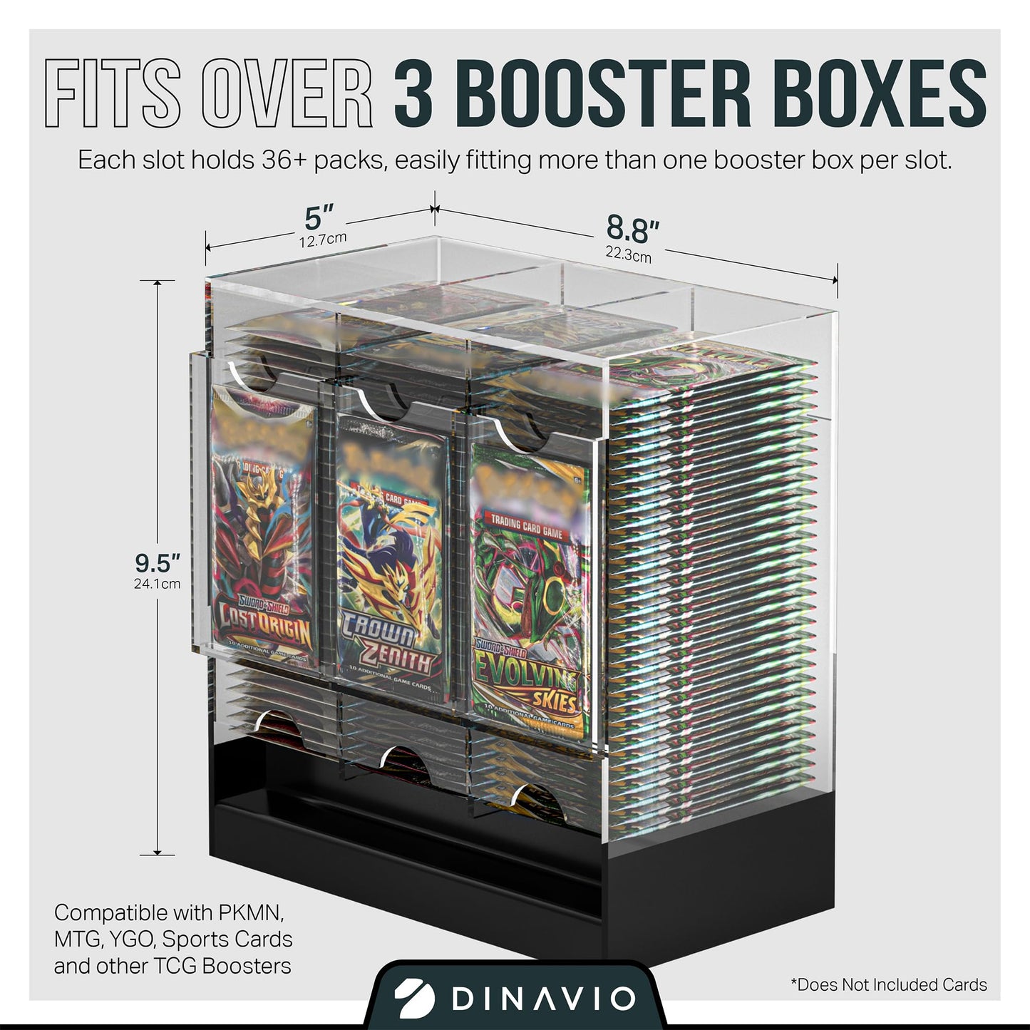 Dinavio Crafthouse 3-Slot Booster Pack Dispenser with Black Base – Fits 120 Booster Packs – 4mm Acrylic Stackable