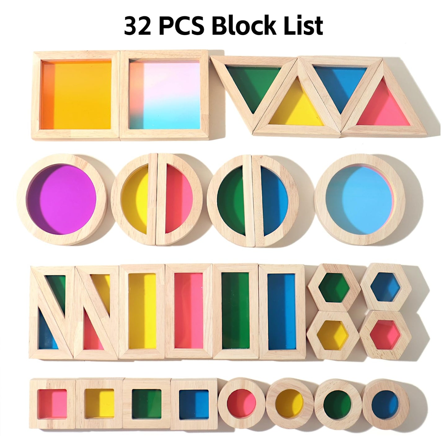 Dinhon 32-Piece Rainbow Building Blocks Set – Dual-Material Wooden & Acrylic Blocks for Toddlers and Preschoolers