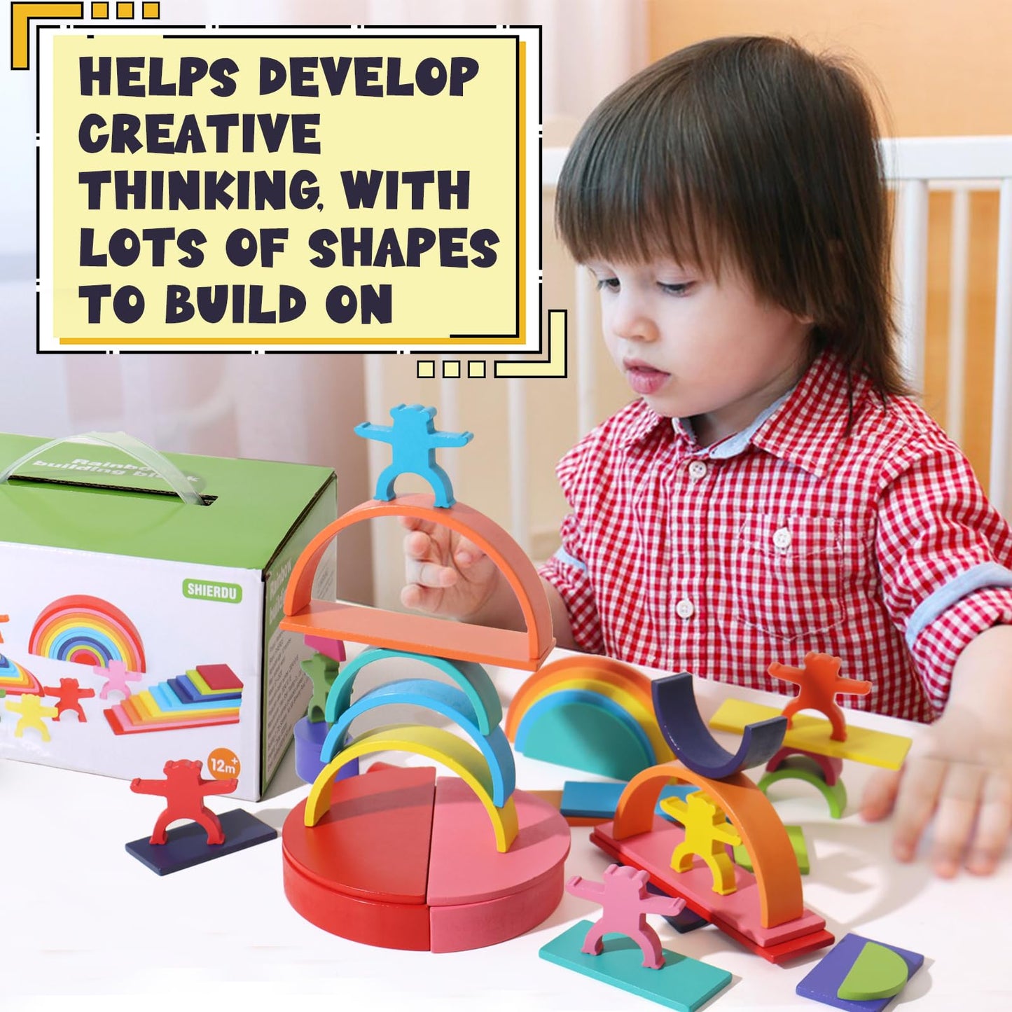 Dinhon 40-Piece Wooden Rainbow Stack Set – Montessori-Style Blocks for Toddlers 1-4+