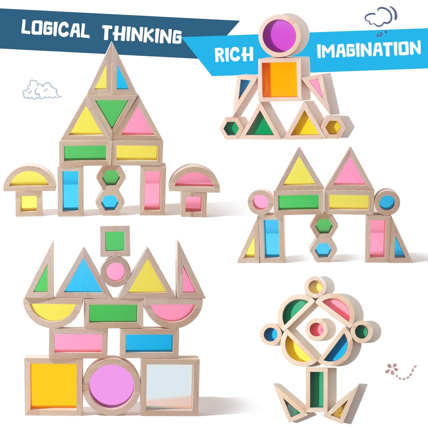 Dinhon 32-Piece Rainbow Building Blocks Set – Dual-Material Wooden & Acrylic Blocks for Toddlers and Preschoolers
