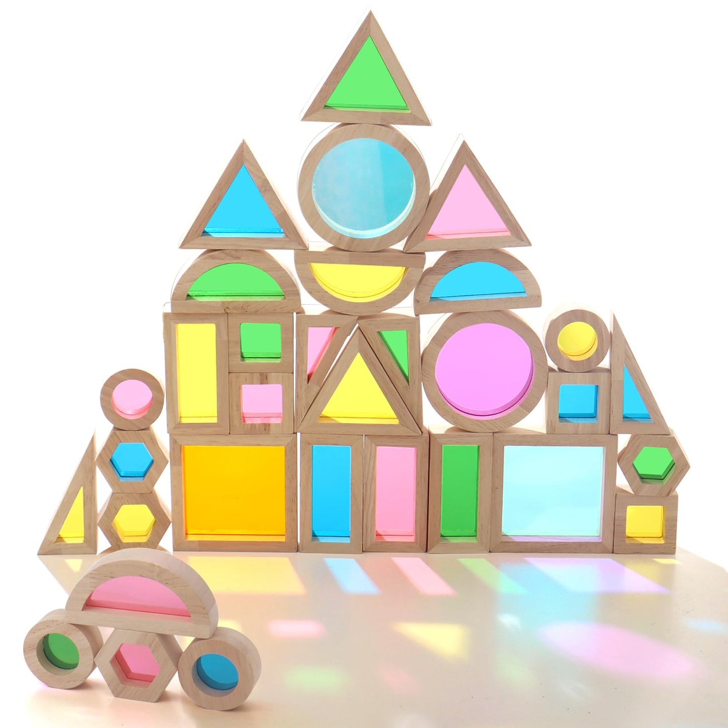 Dinhon 32-Piece Rainbow Building Blocks Set – Dual-Material Wooden & Acrylic Blocks for Toddlers and Preschoolers