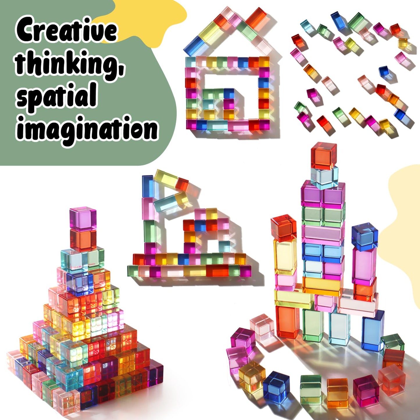 Dinhon 30 Pcs Mixed Acrylic Blocks Set – 10 Long + 20 Cube Rainbow Blocks for Toddlers 1-4