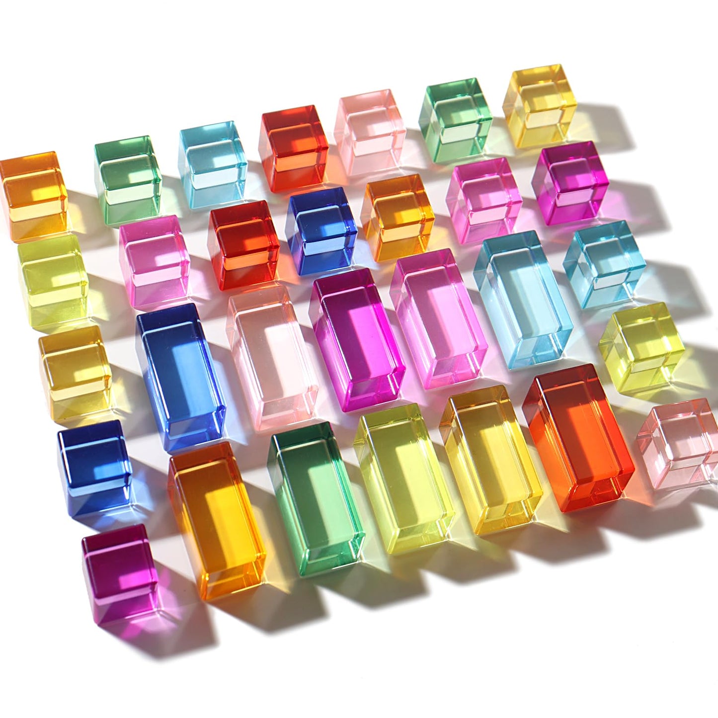 Dinhon 30 Pcs Mixed Acrylic Blocks Set – 10 Long + 20 Cube Rainbow Blocks for Toddlers 1-4